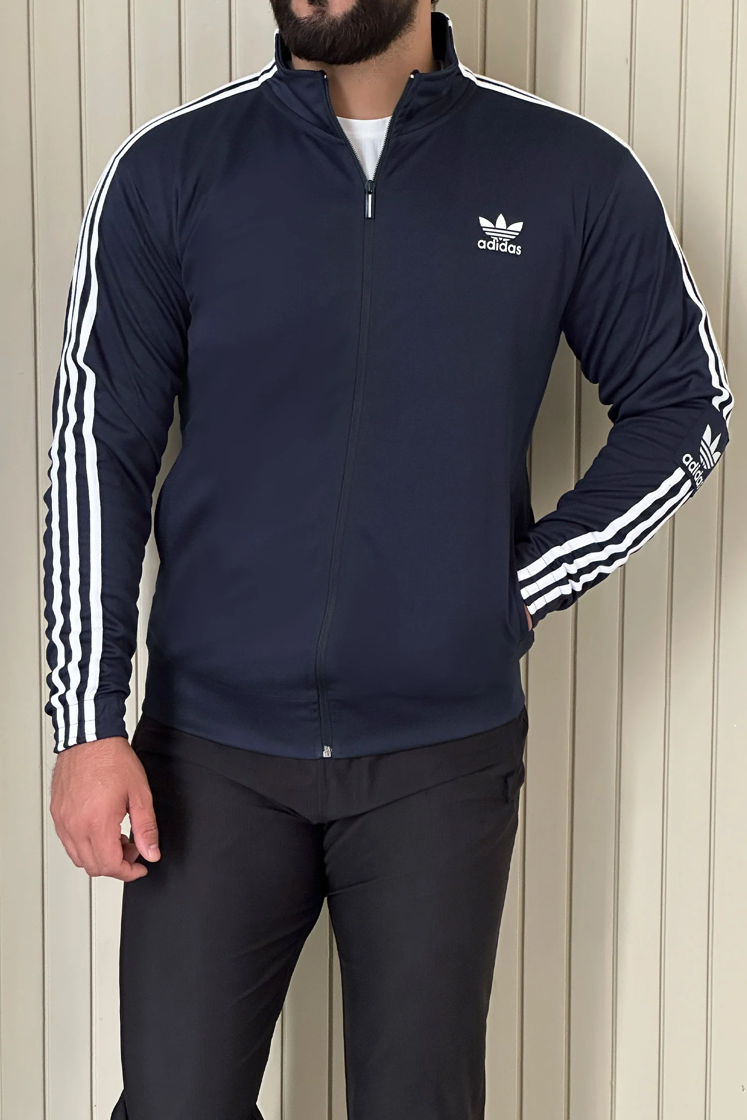Adds 3-Stripes Signature Men Zipper Upper In Navy Blue - Image 3