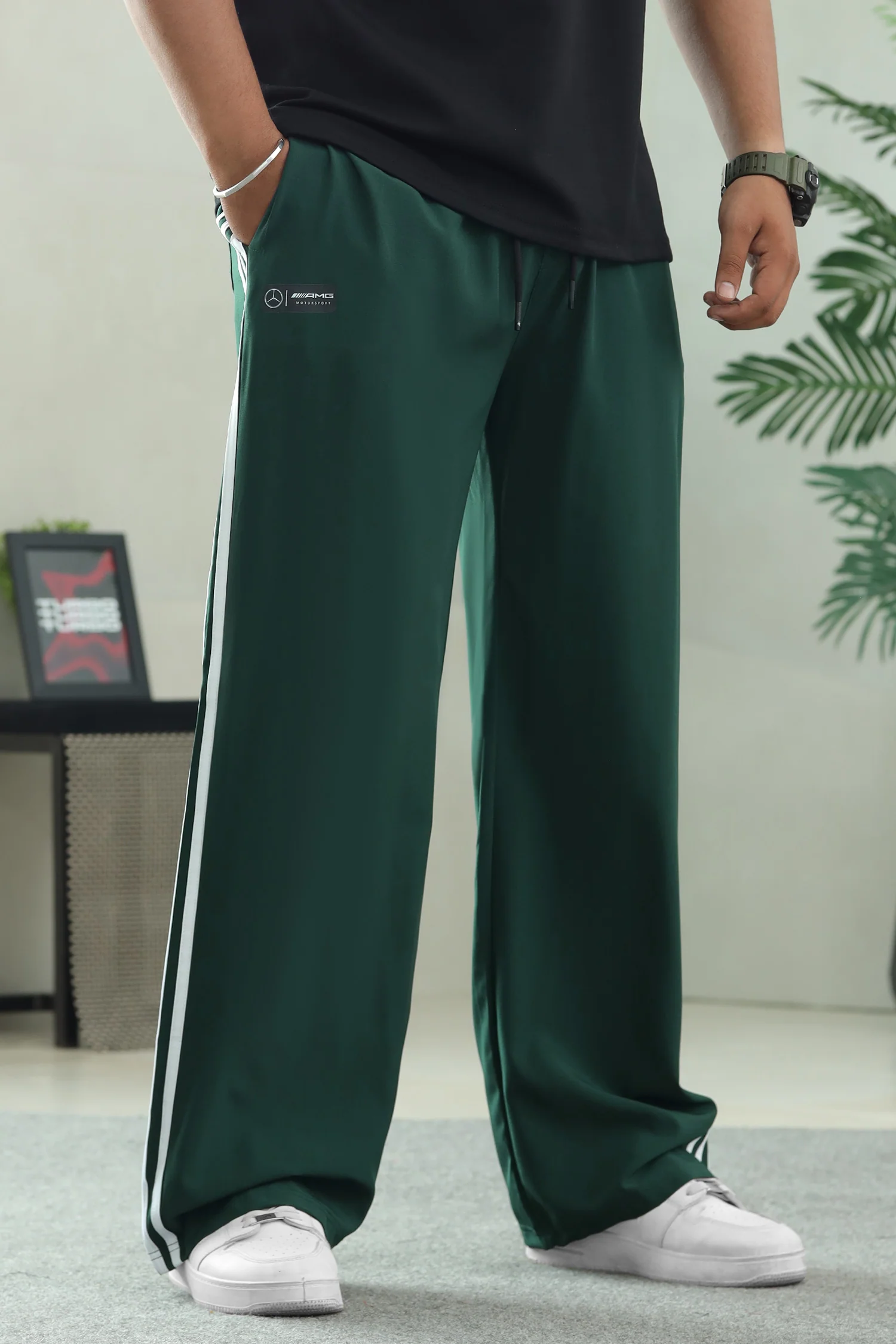 Adds Iconic Three-Stripe Detailing Loose Bottom Trouser In Green - Image 2