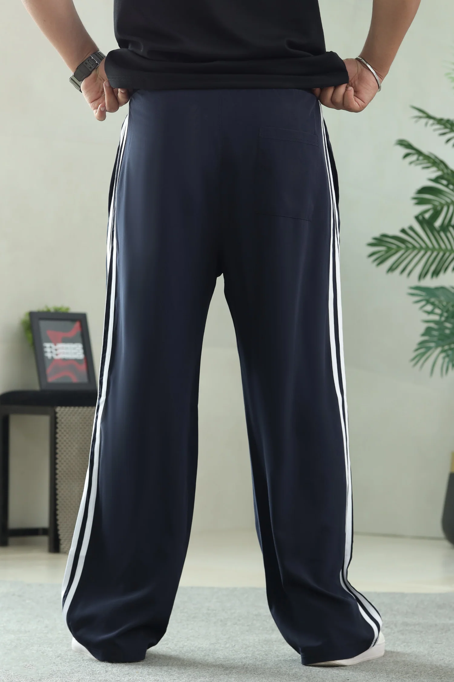 Adds Iconic Three-Stripe Detailing Loose Bottom Trouser In Navy Blue - Image 3