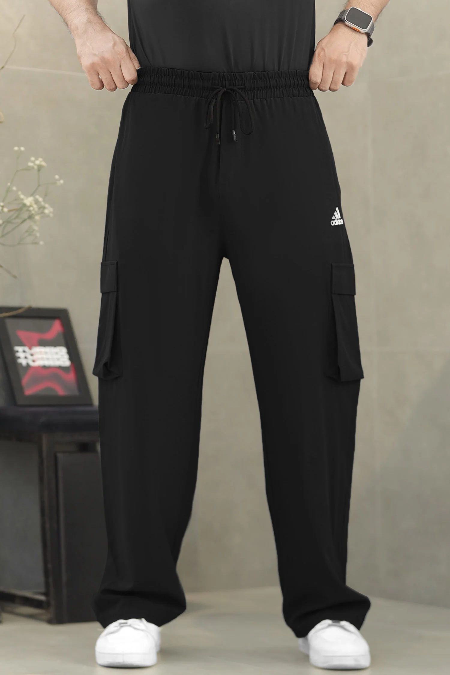 Adds Safari Style Drawcord Loose Bottom Trouser In Black - Image 2