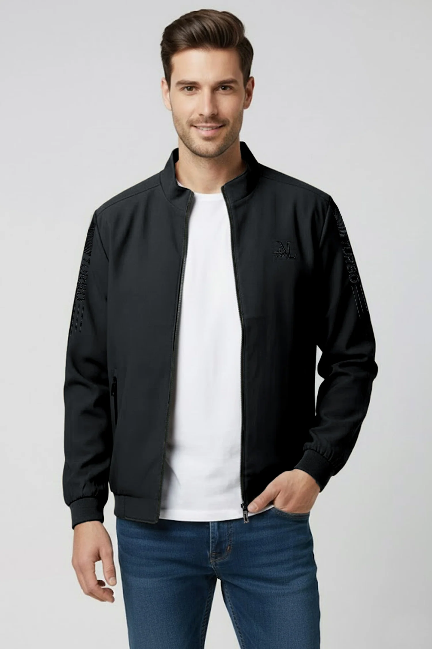 Full-Zip Bomber Imported Light Weight Jacket In Black - Image 2