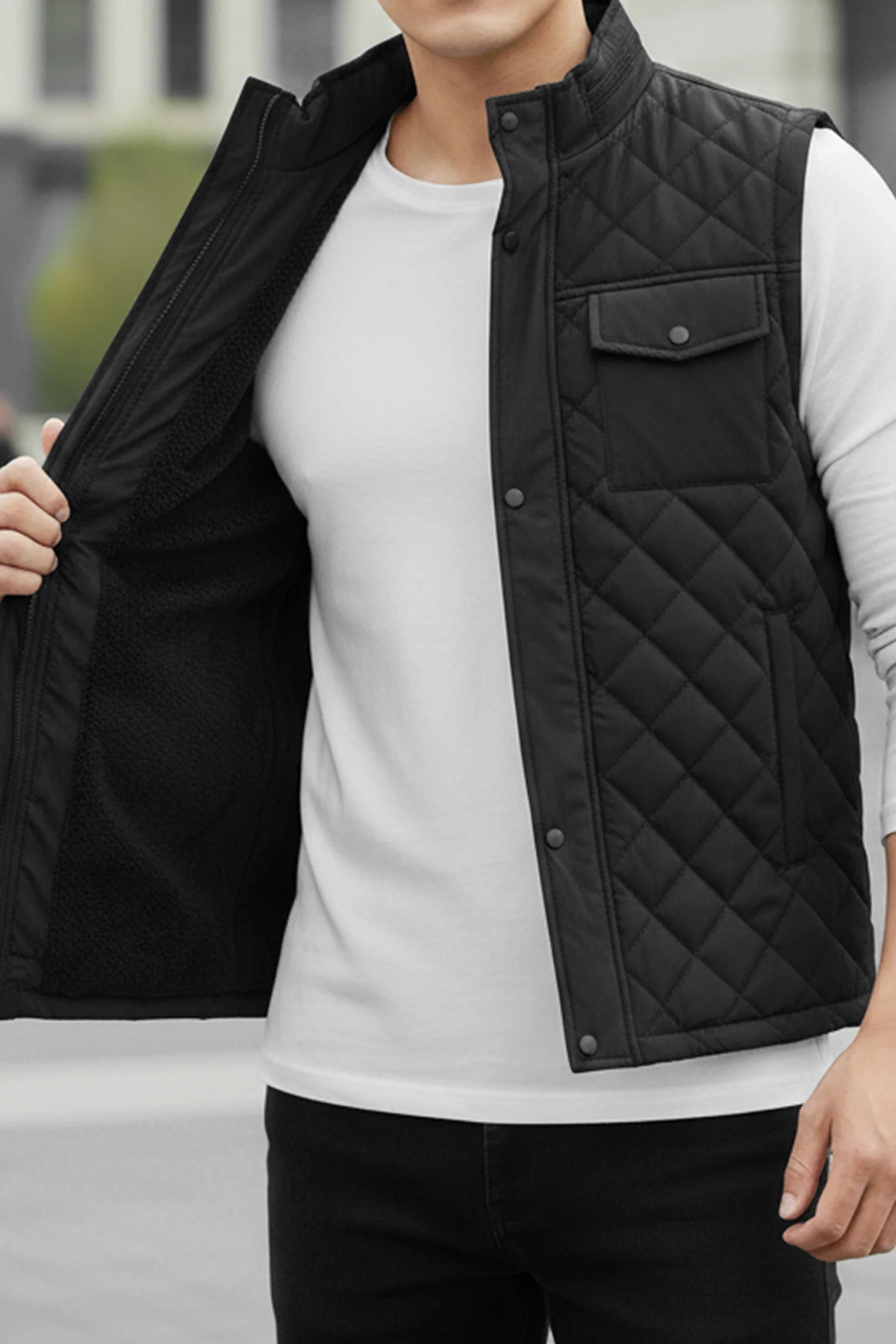 Funnel Neck Quilted Imported Men's Gilet In Black - Image 2