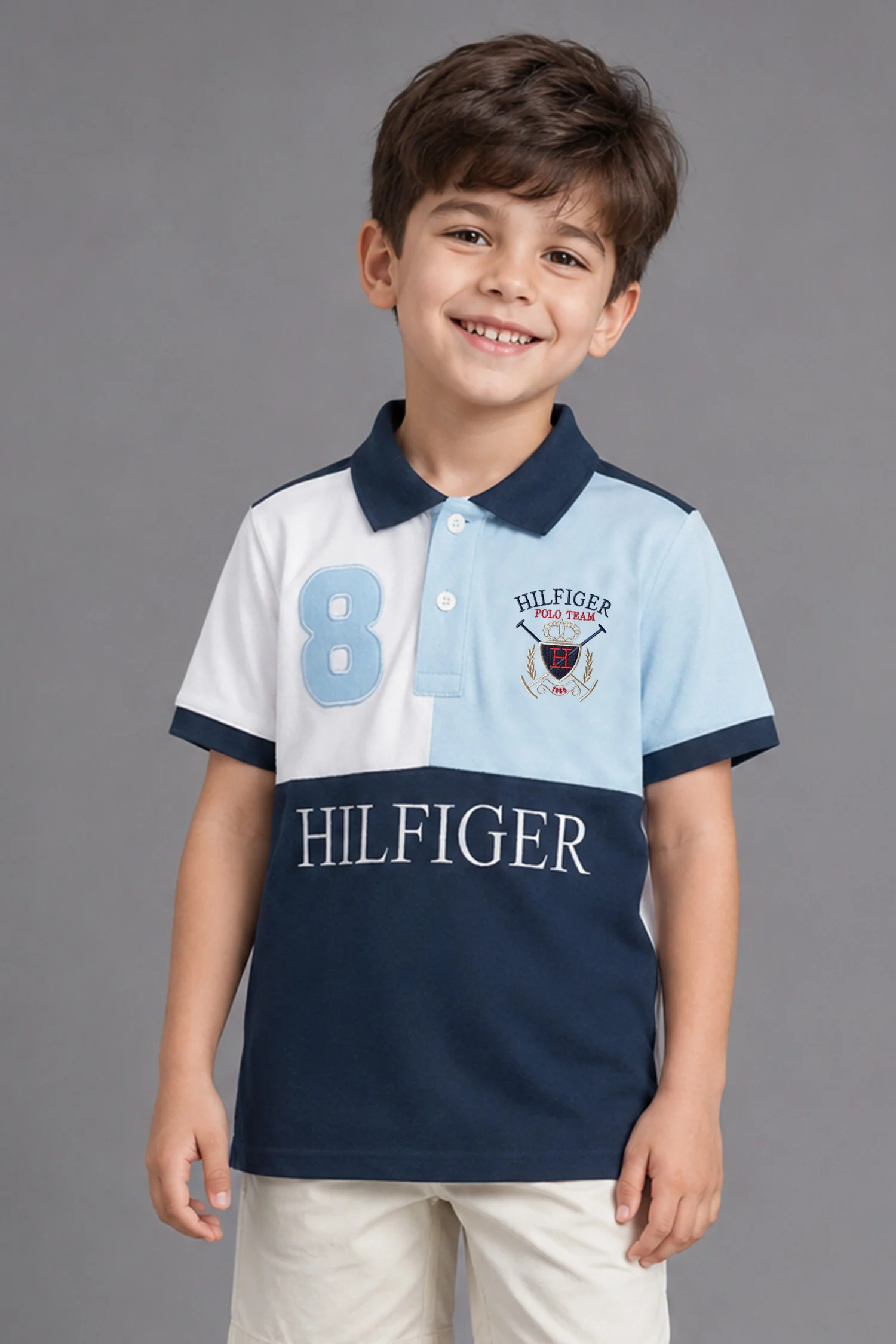 Hilfgr Multi Patterned Colour Younger Kids Polo Shirt In Navy Blue