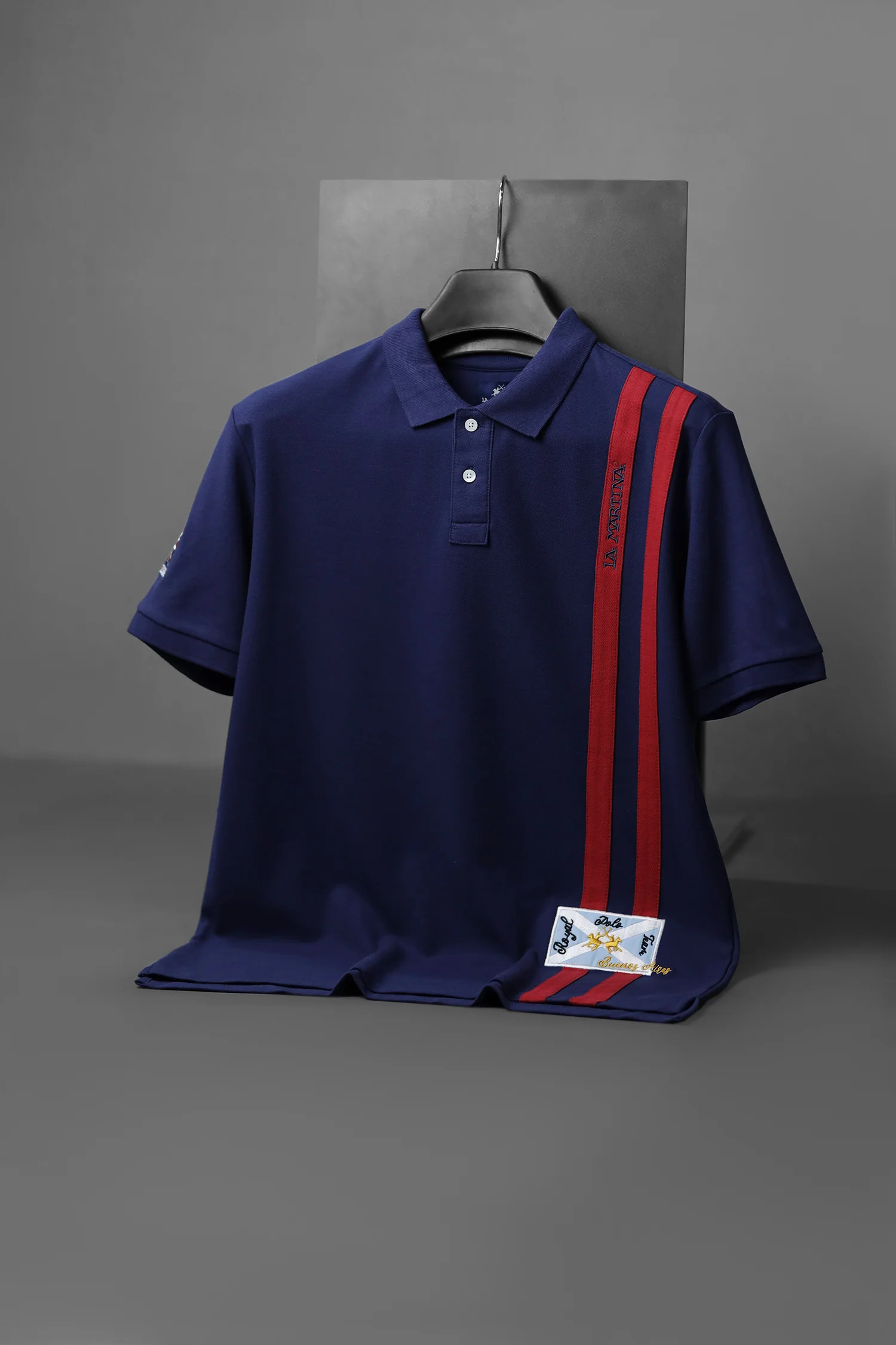 LA Mrtin Side Striped Style Men's Polo Shirt In Navy Blue - Image 2