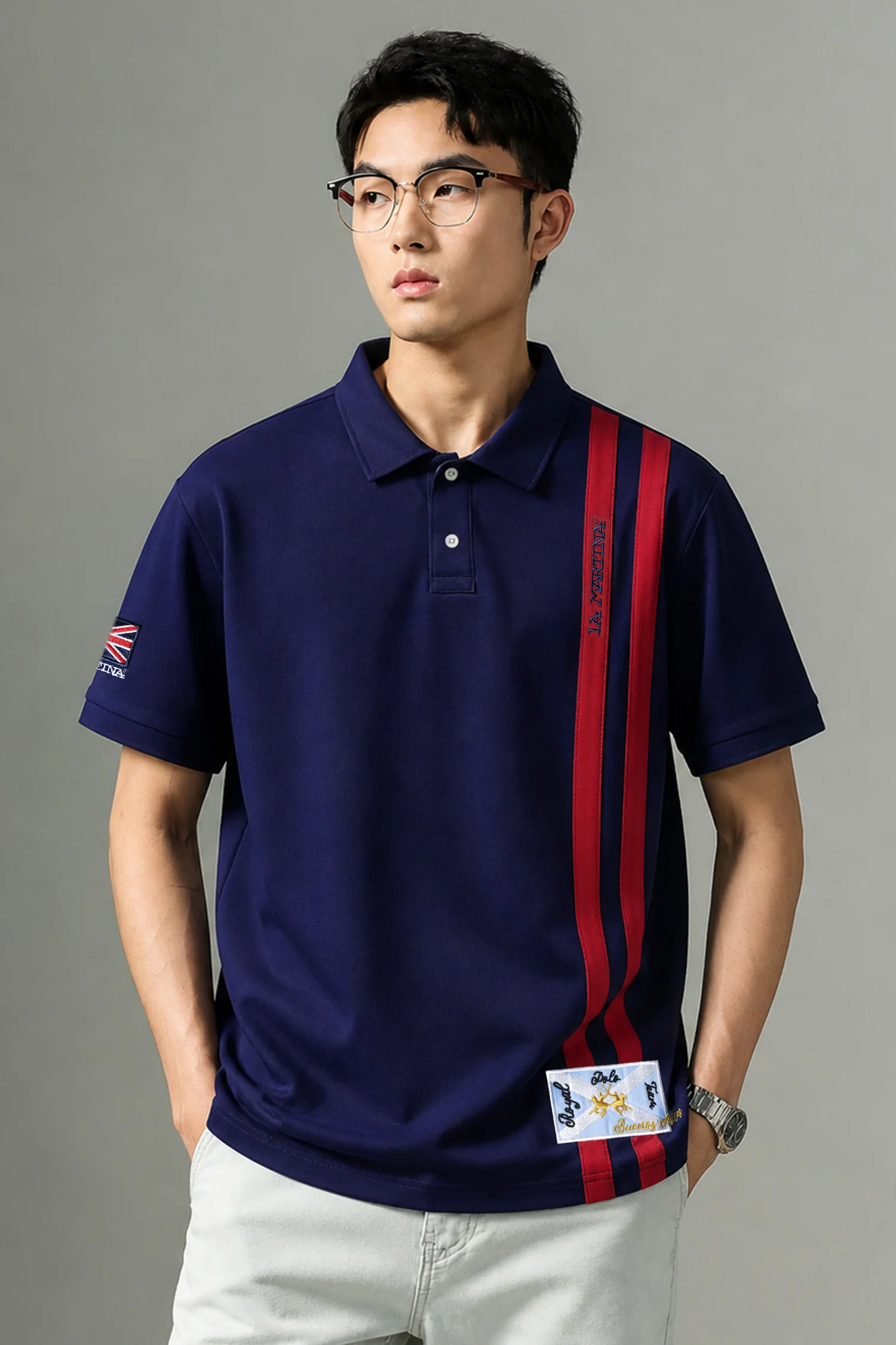LA Mrtin Side Striped Style Men's Polo Shirt In Navy Blue