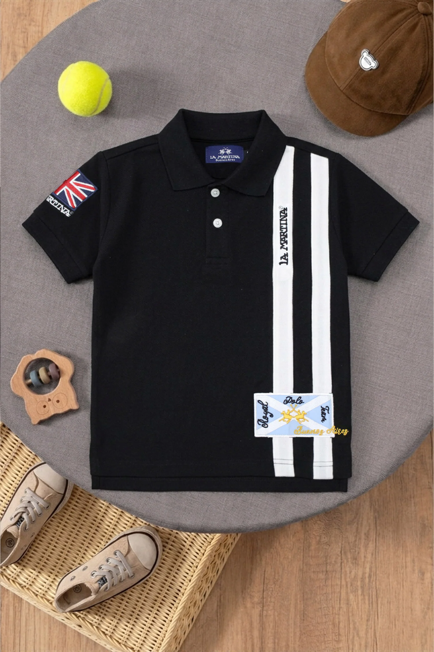 LA Mrtin Side Striped Style Younger Kids Polo Shirt In Black - Image 2