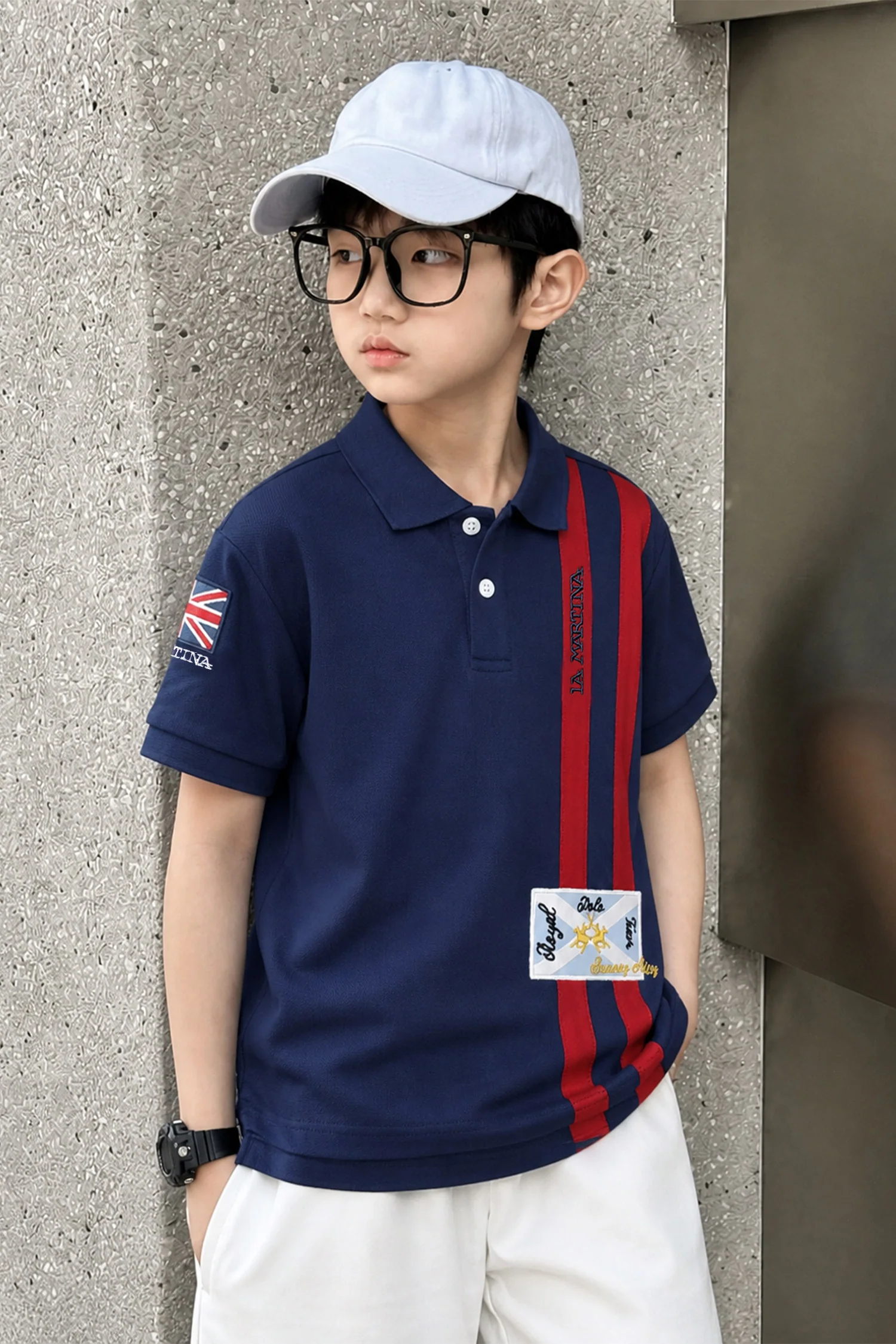LA Mrtin Side Striped Style Younger Kids Polo Shirt In Navy Blue