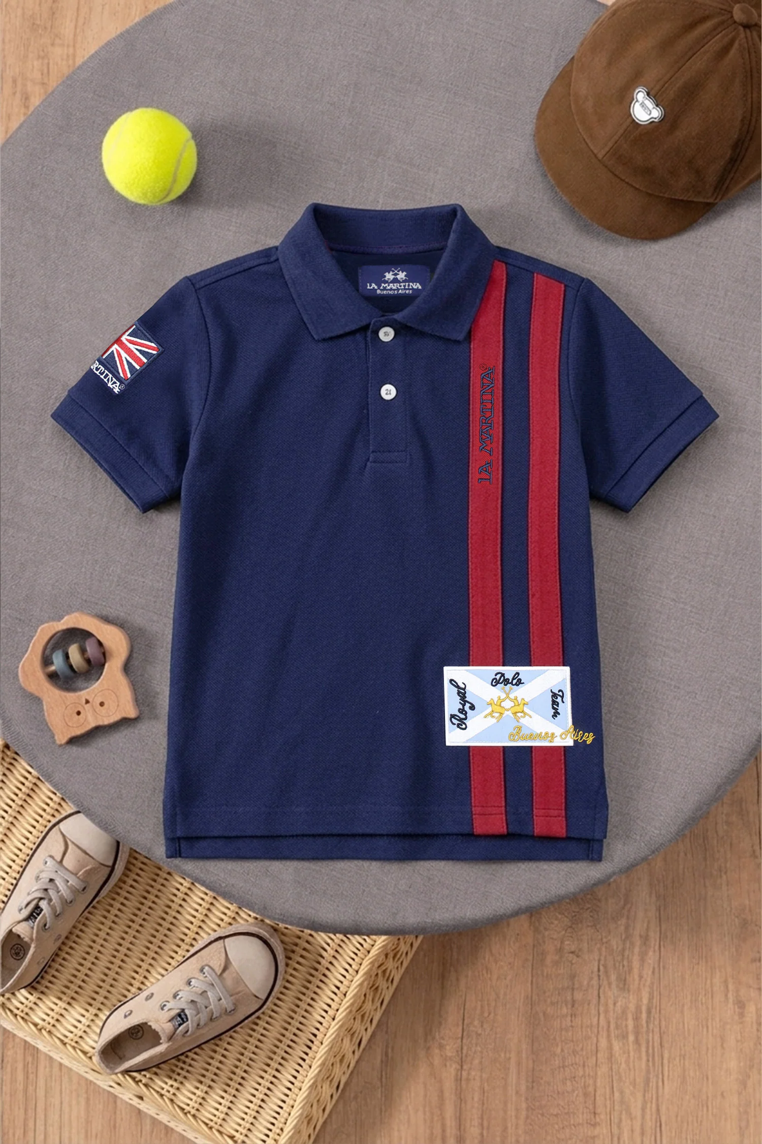 LA Mrtin Side Striped Style Younger Kids Polo Shirt In Navy Blue - Image 2