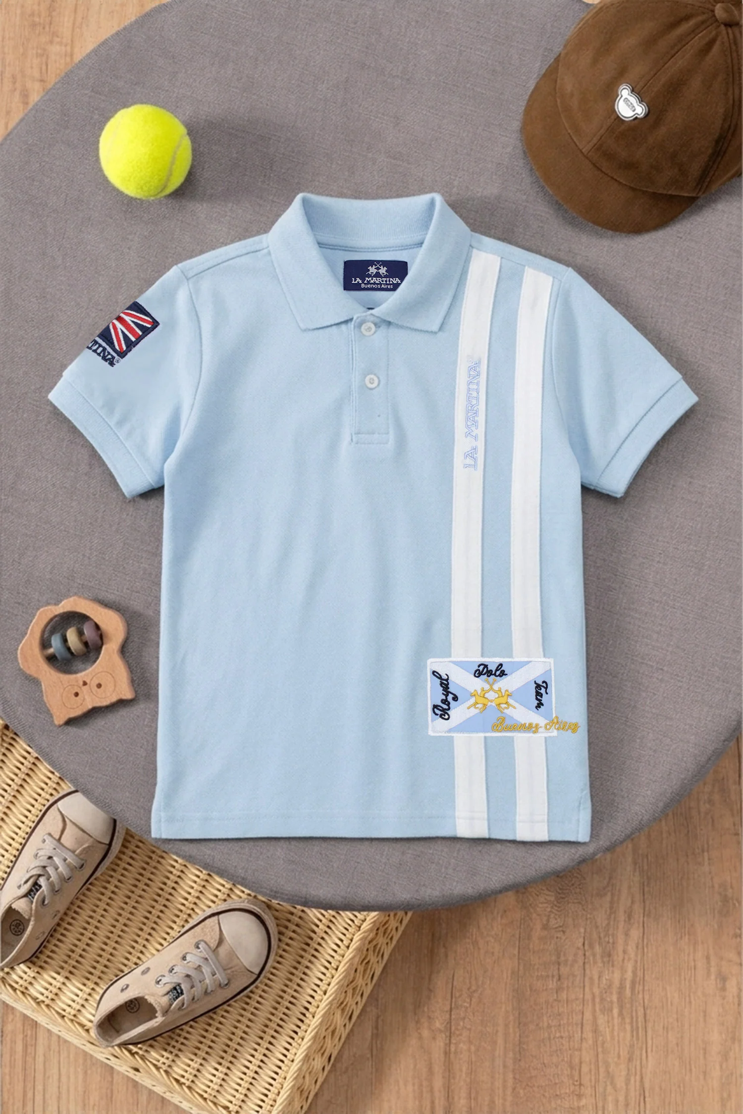 LA Mrtin Side Striped Style Younger Kids Polo Shirt In Sky Blue - Image 2