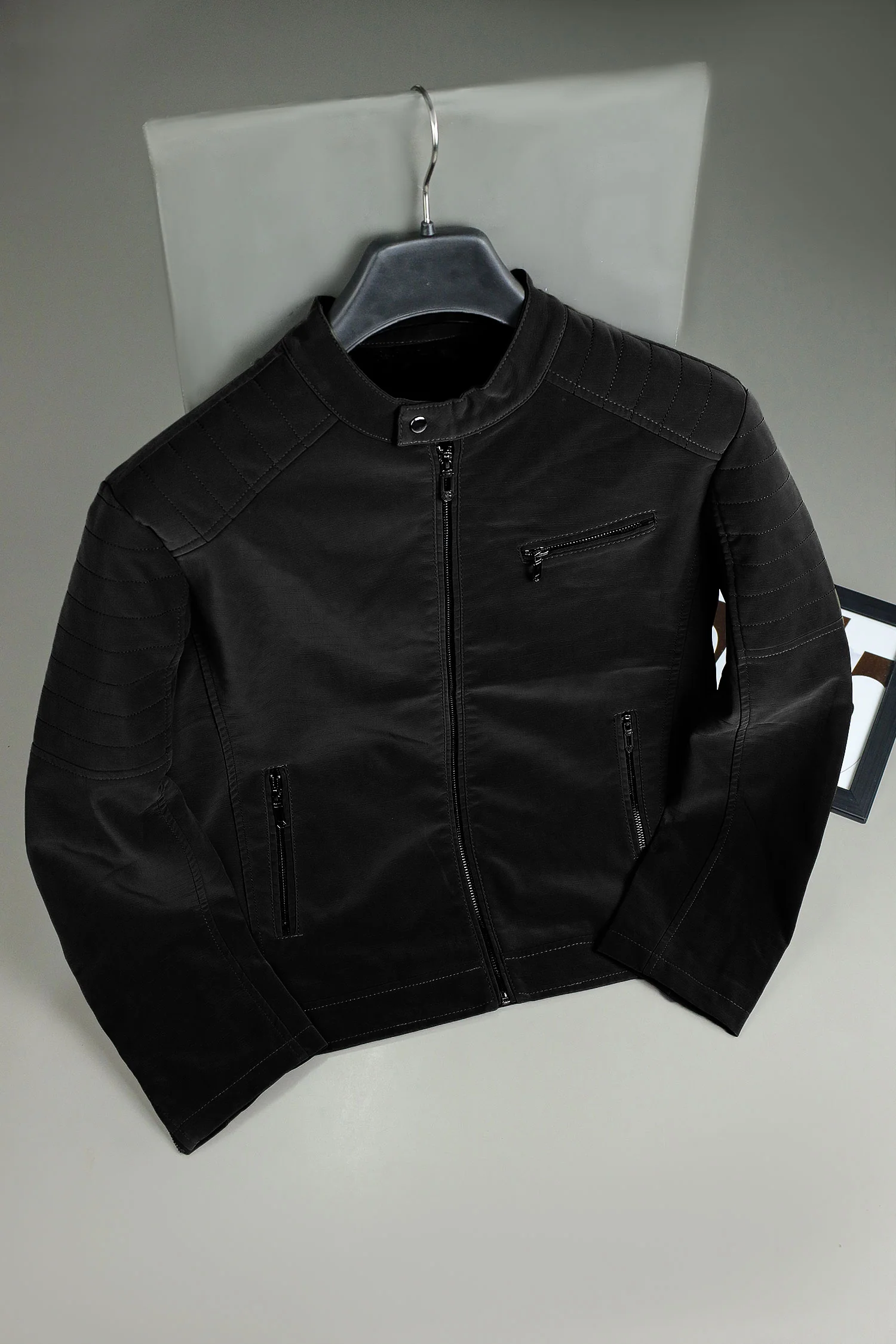 Men's Ban Button Style Suede Leather Jacket In Black - Image 2