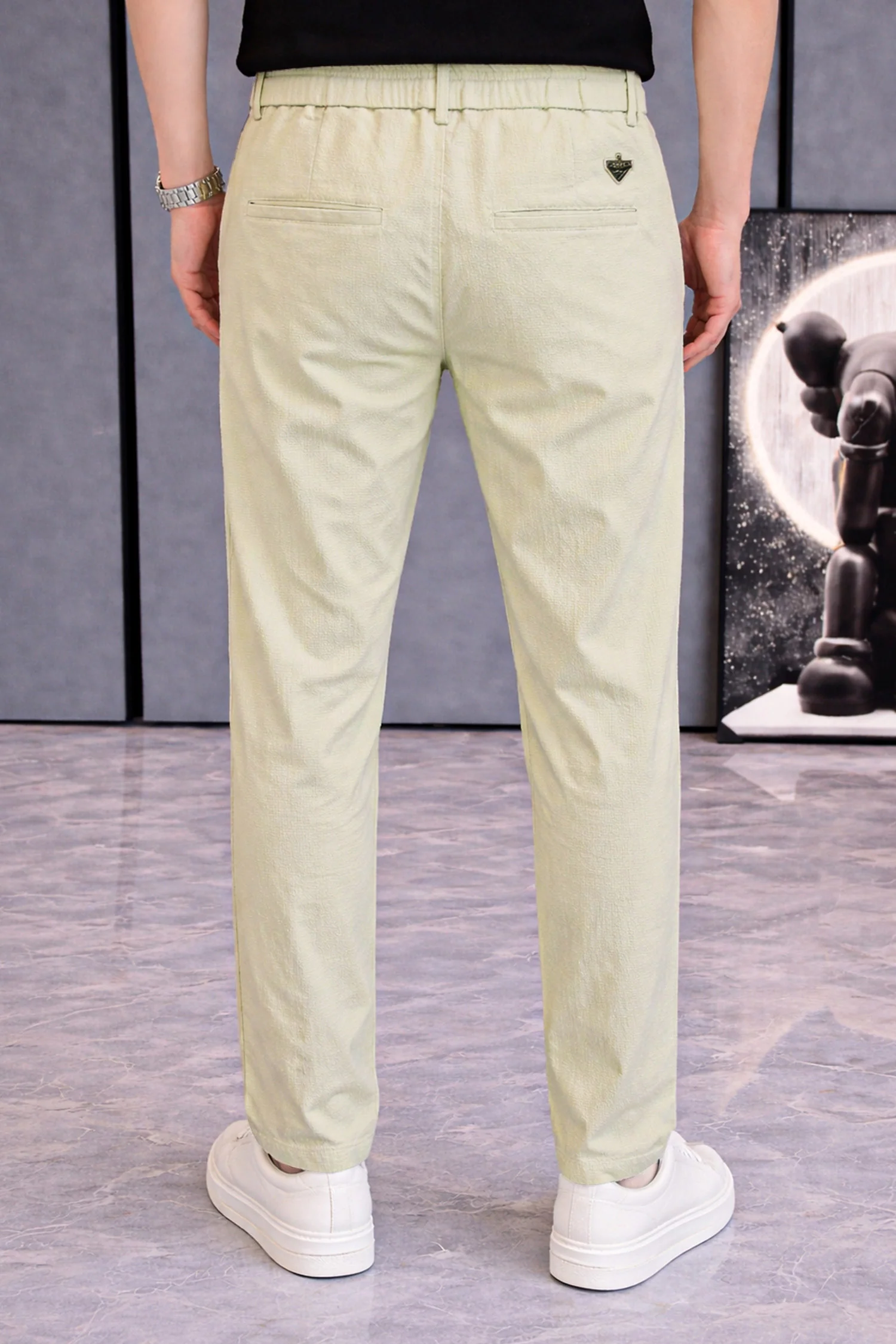 Men's Button Closure Elastic Slim-Fit Trouser In Cream - Image 2