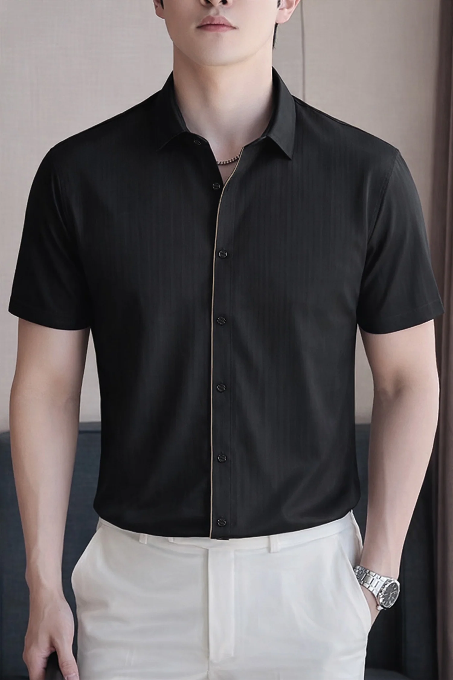 Men's Various Textured Silk Casual Shirt In Black