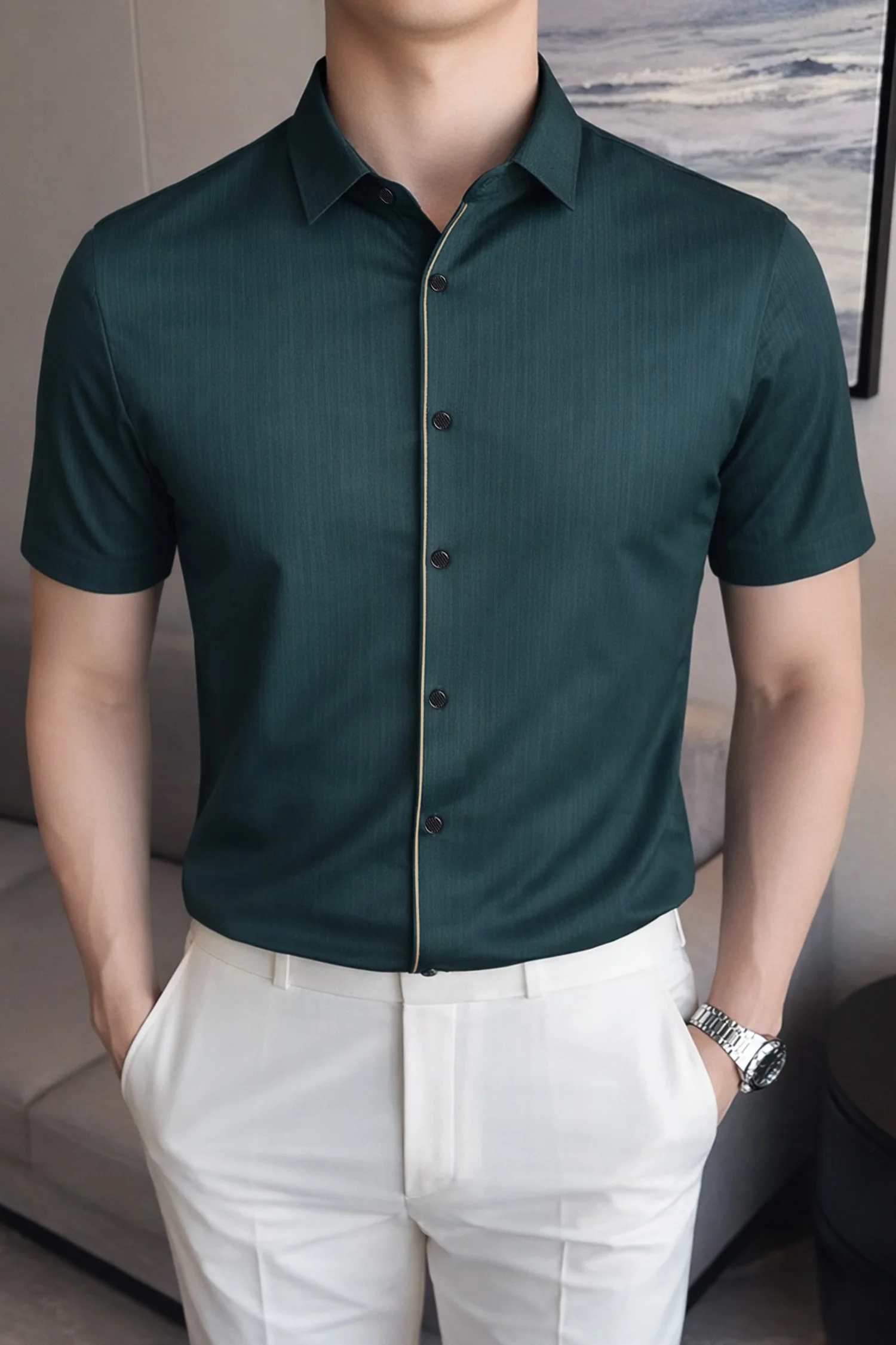 Men's Various Textured Silk Casual Shirt In Dark Navy