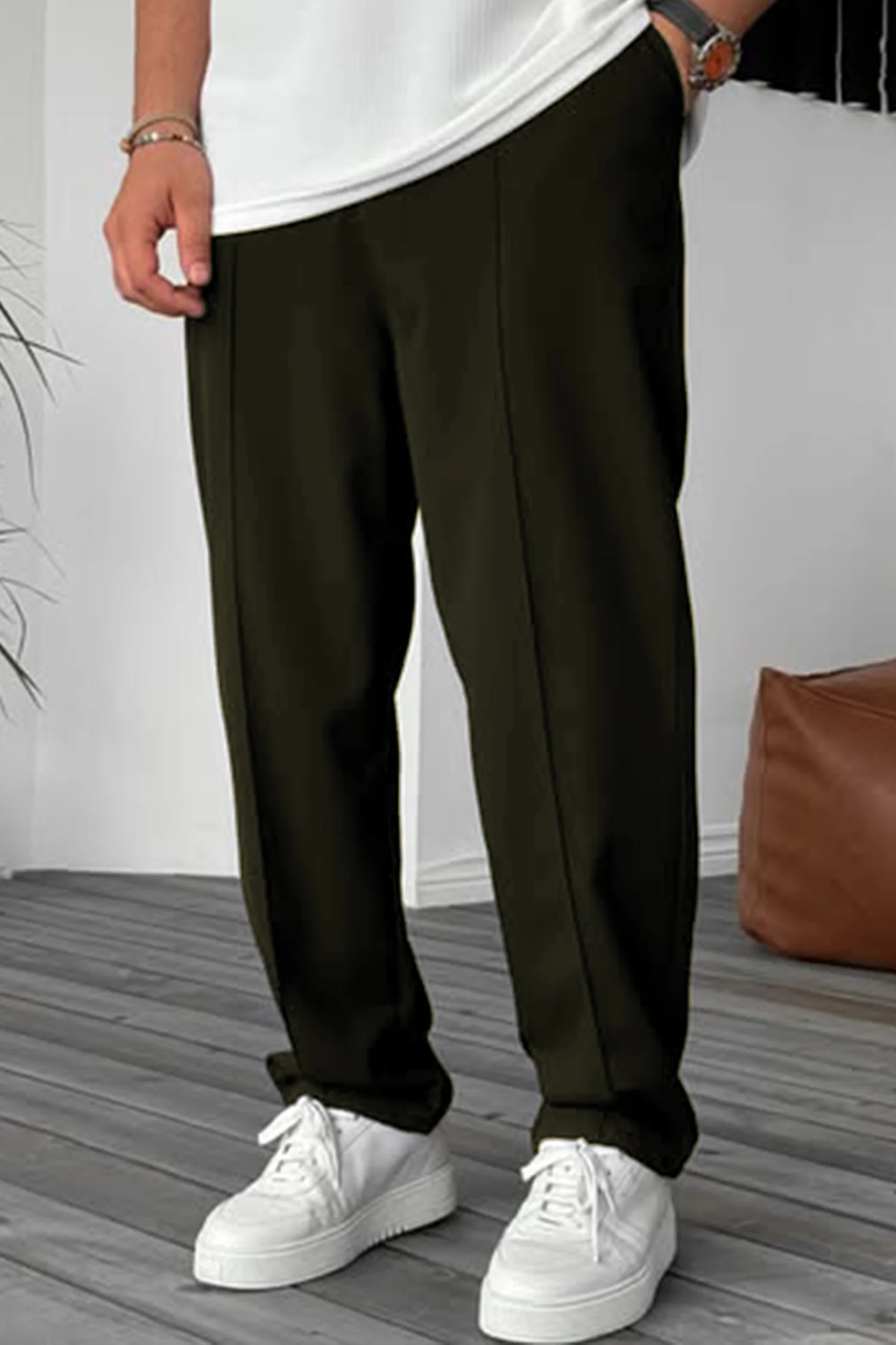 Plain Stripe Line Loose Bottom Trouser In Olive - Image 2