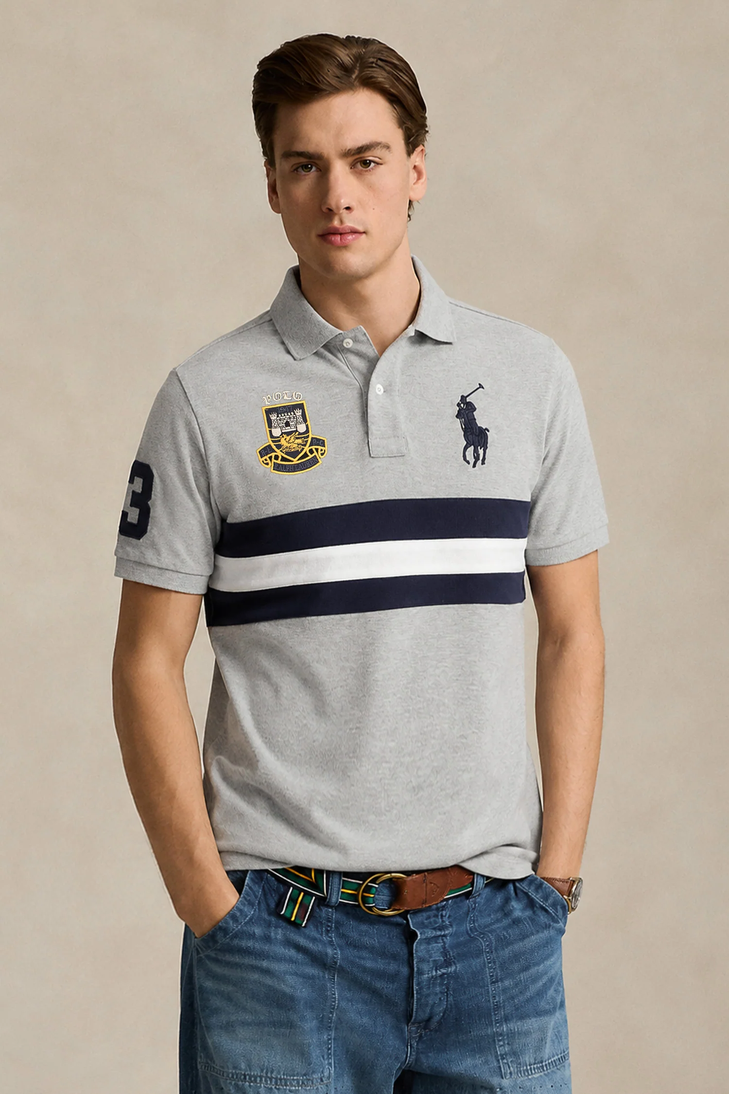 Plo Rph Lren Custom Slim Fit Crest Mesh Men's Shirt In Light Grey
