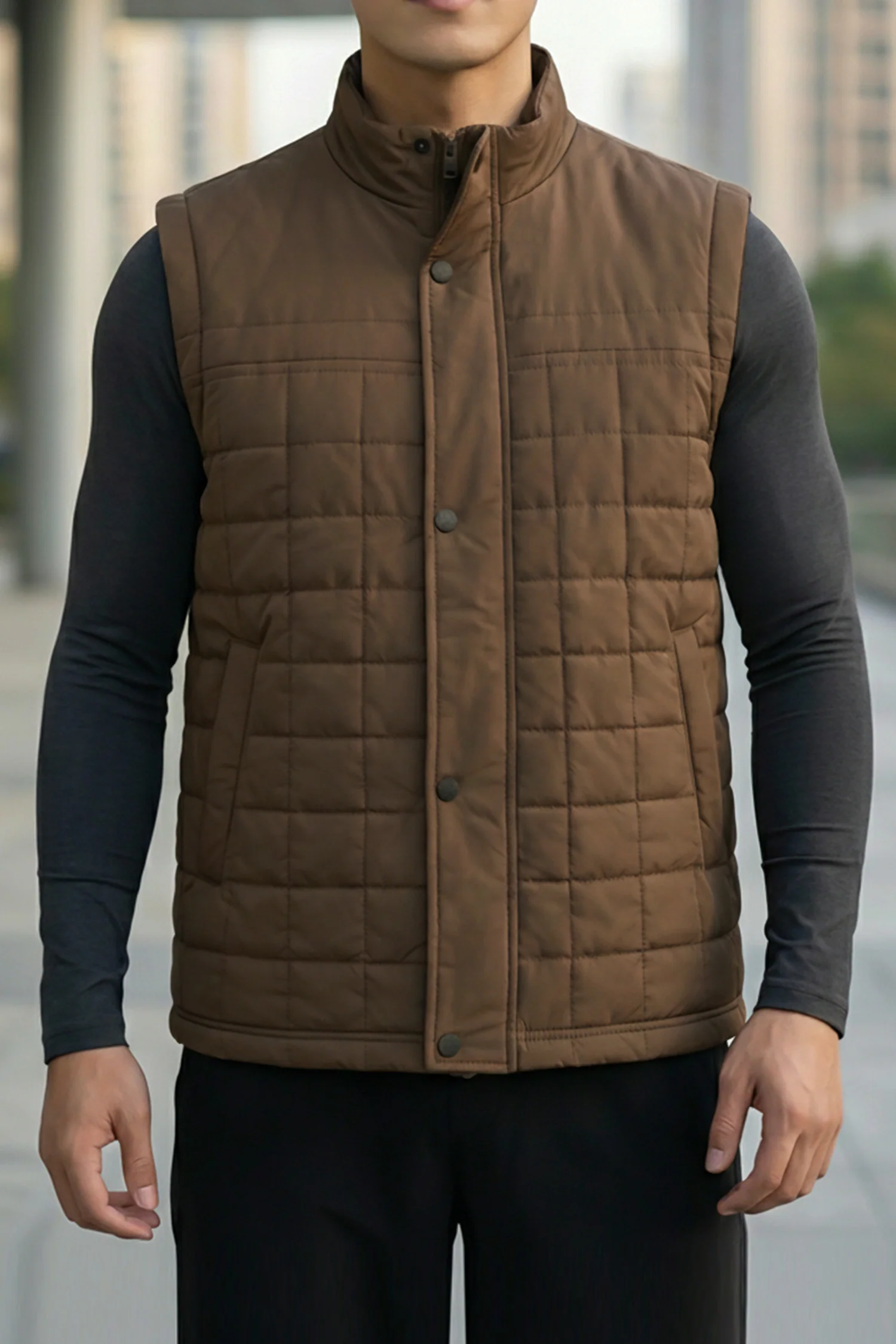 Quilted Design, Stand-up Collar Men's Gilet In Coffee