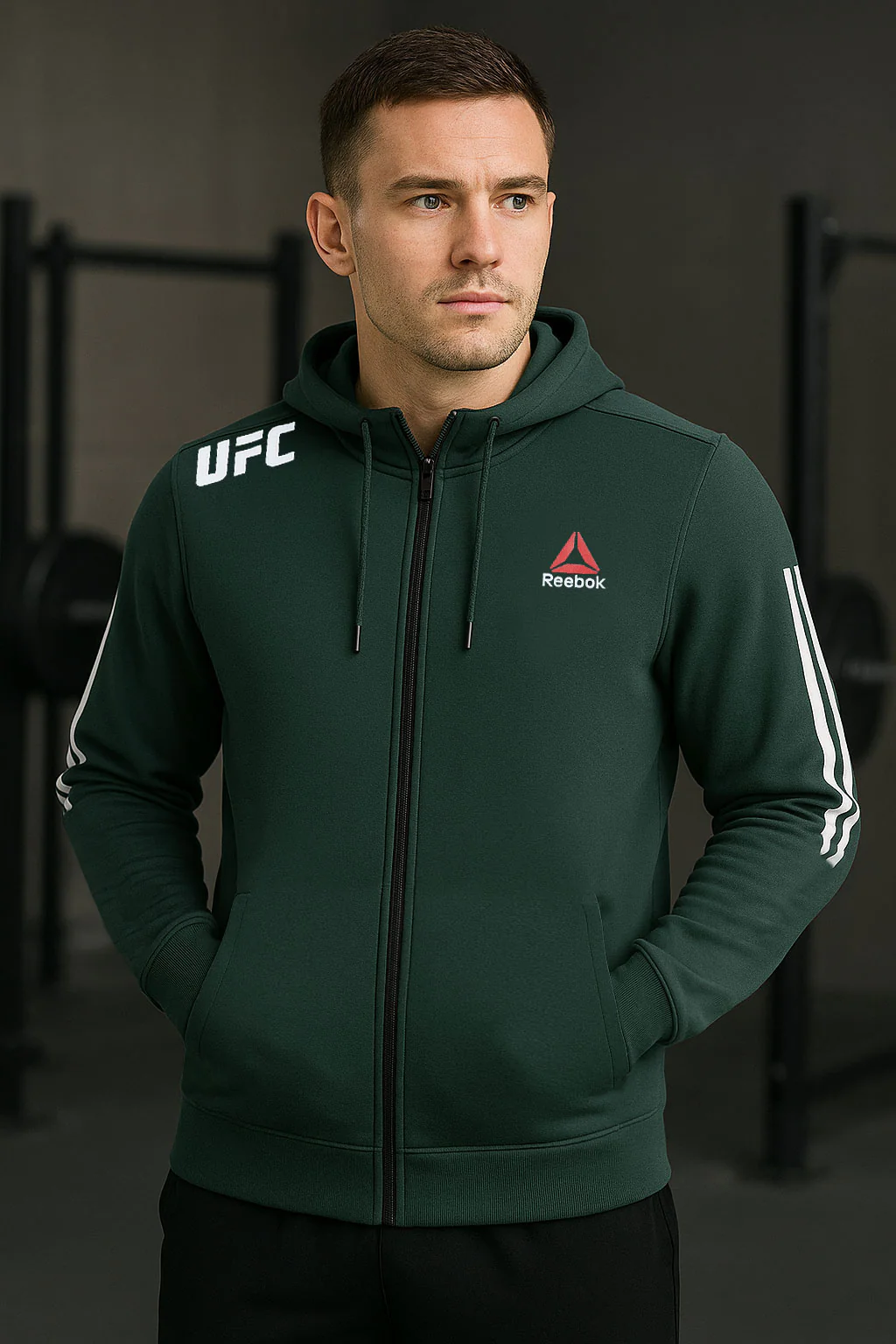 Reebk UFC Walkout Training Hood Style Men Zipper Upper In Dark Green