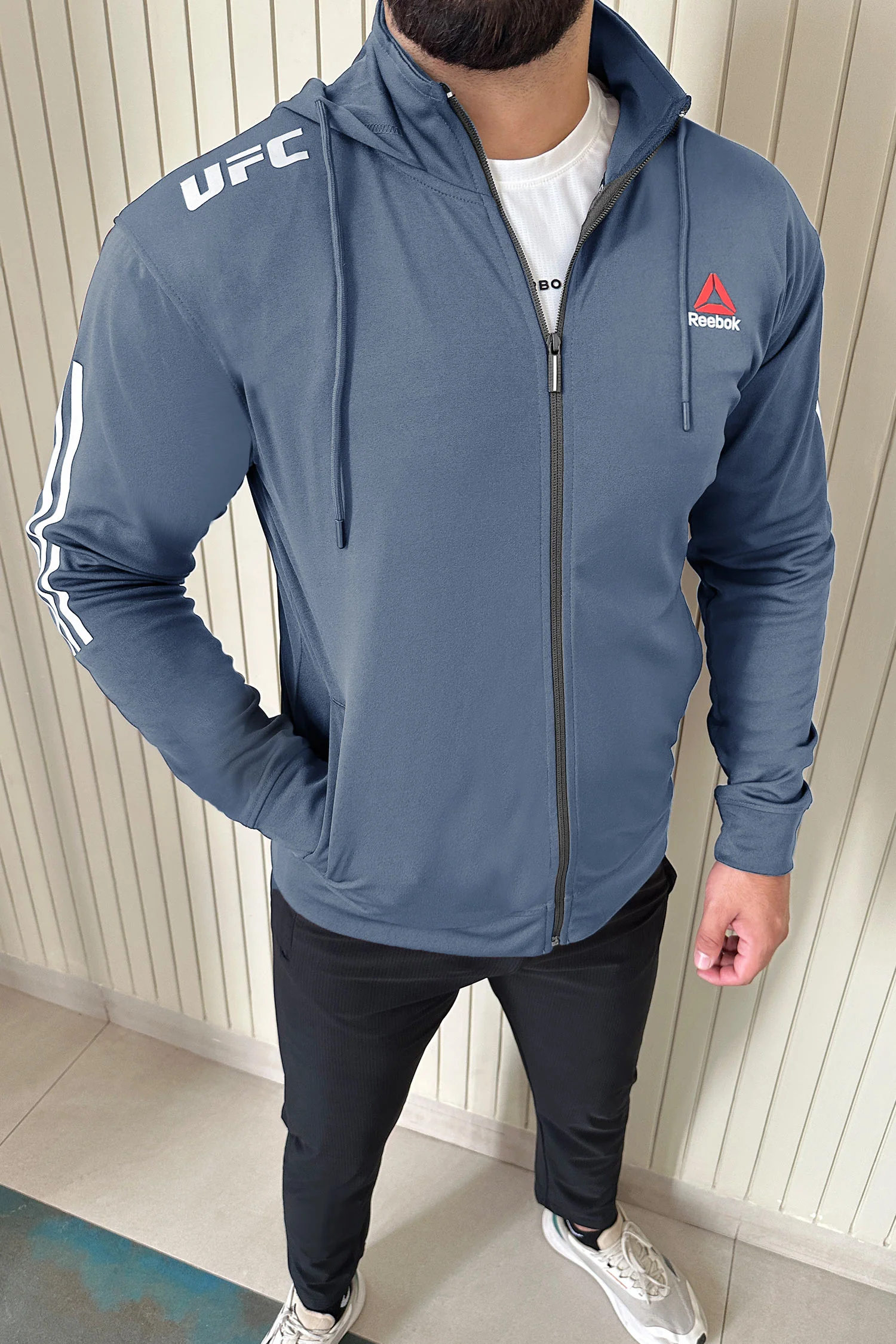 Reebk UFC Walkout Training Hood Style Men Zipper Upper In Dark Grey - Image 3