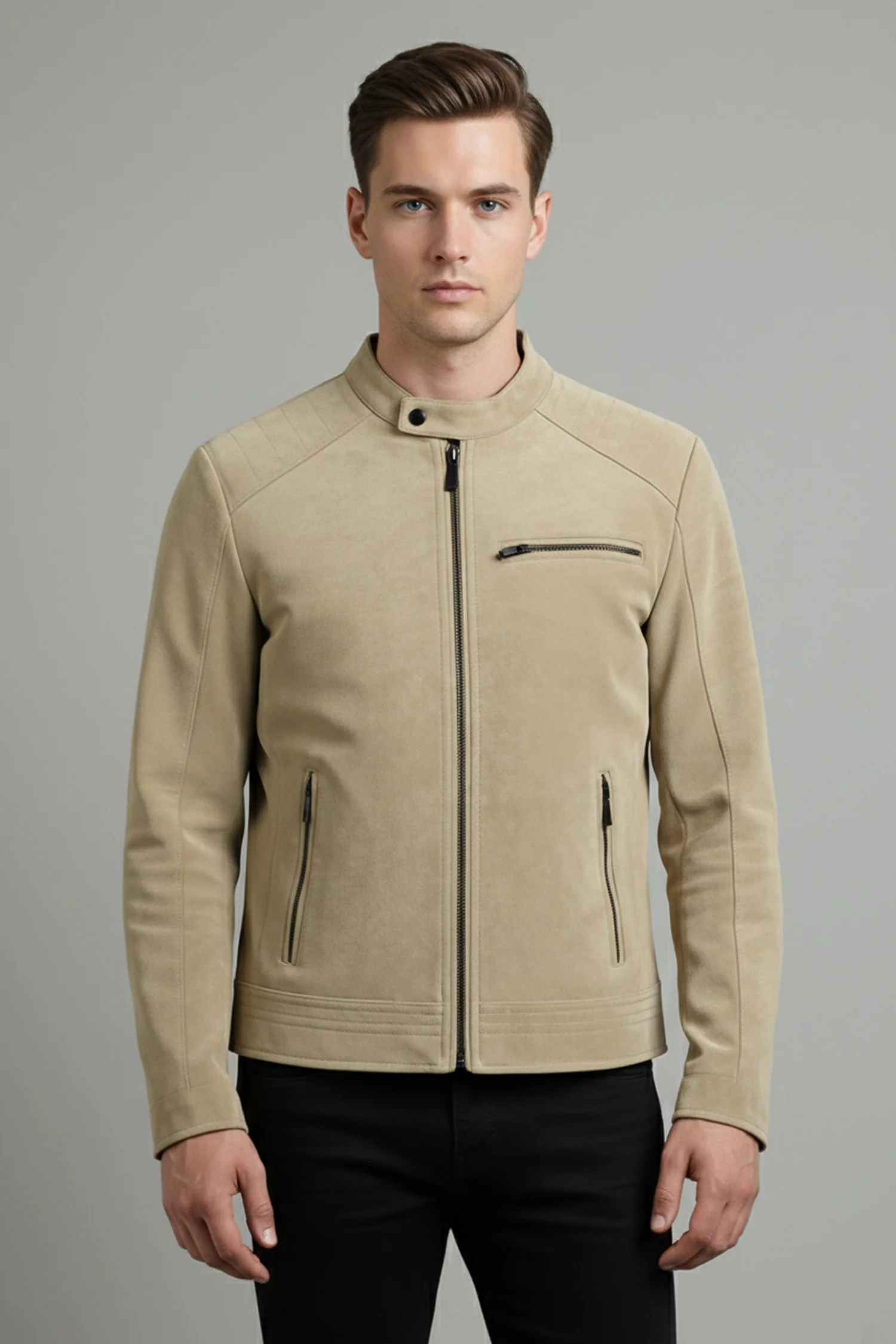 Snap-Button Closure Suede Leather Jacket