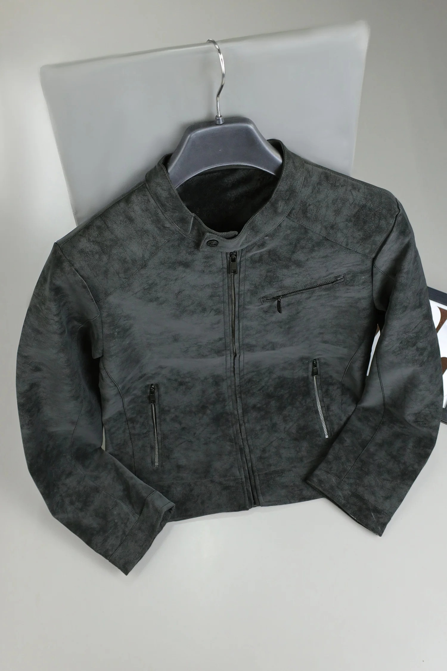 Snap-Button Closure Suede Leather Jacket In Black - Image 2