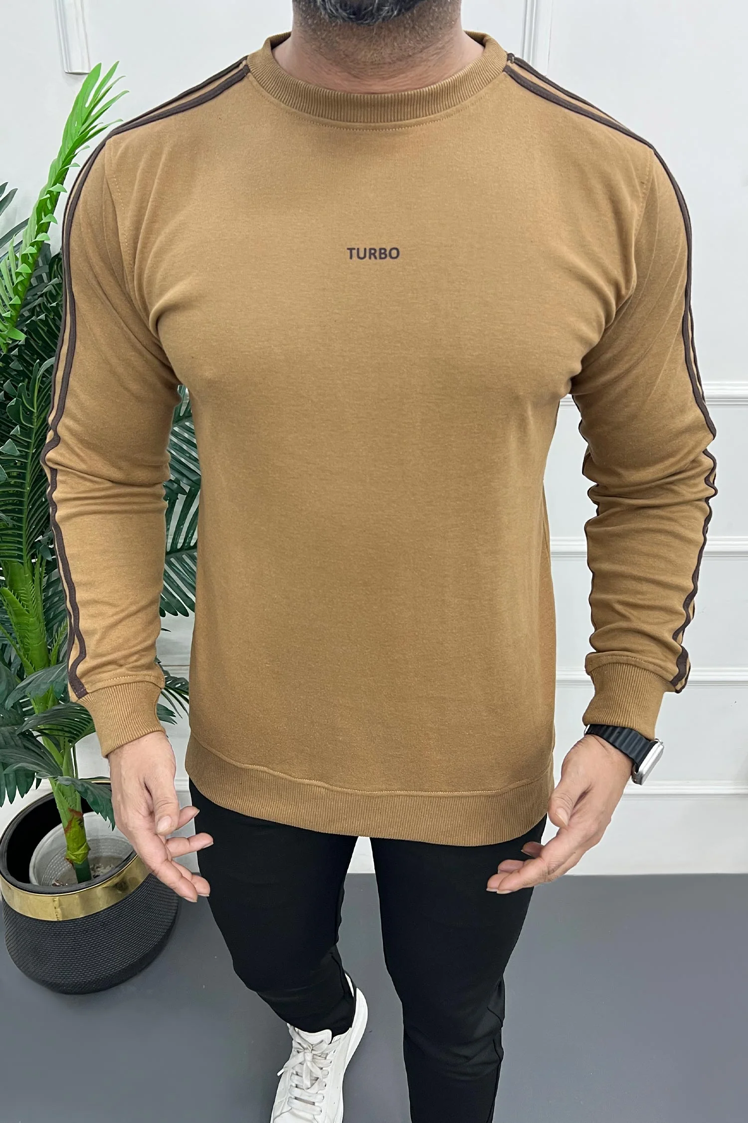 Turbo 3 Stripes Round Neck Men's Sweatshirt In Khaki - Image 3