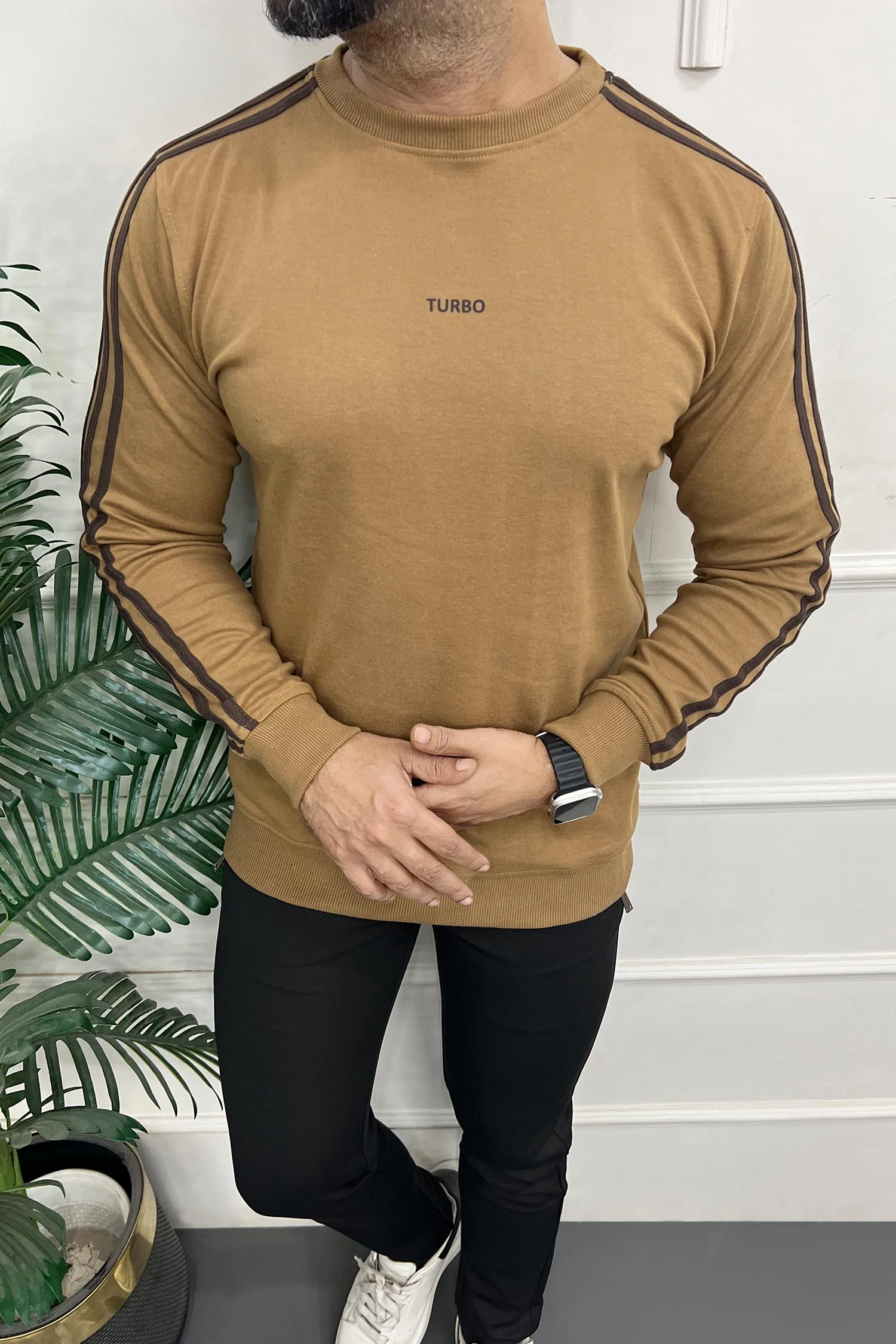 Turbo 3 Stripes Round Neck Men's Sweatshirt In Khaki - Image 4