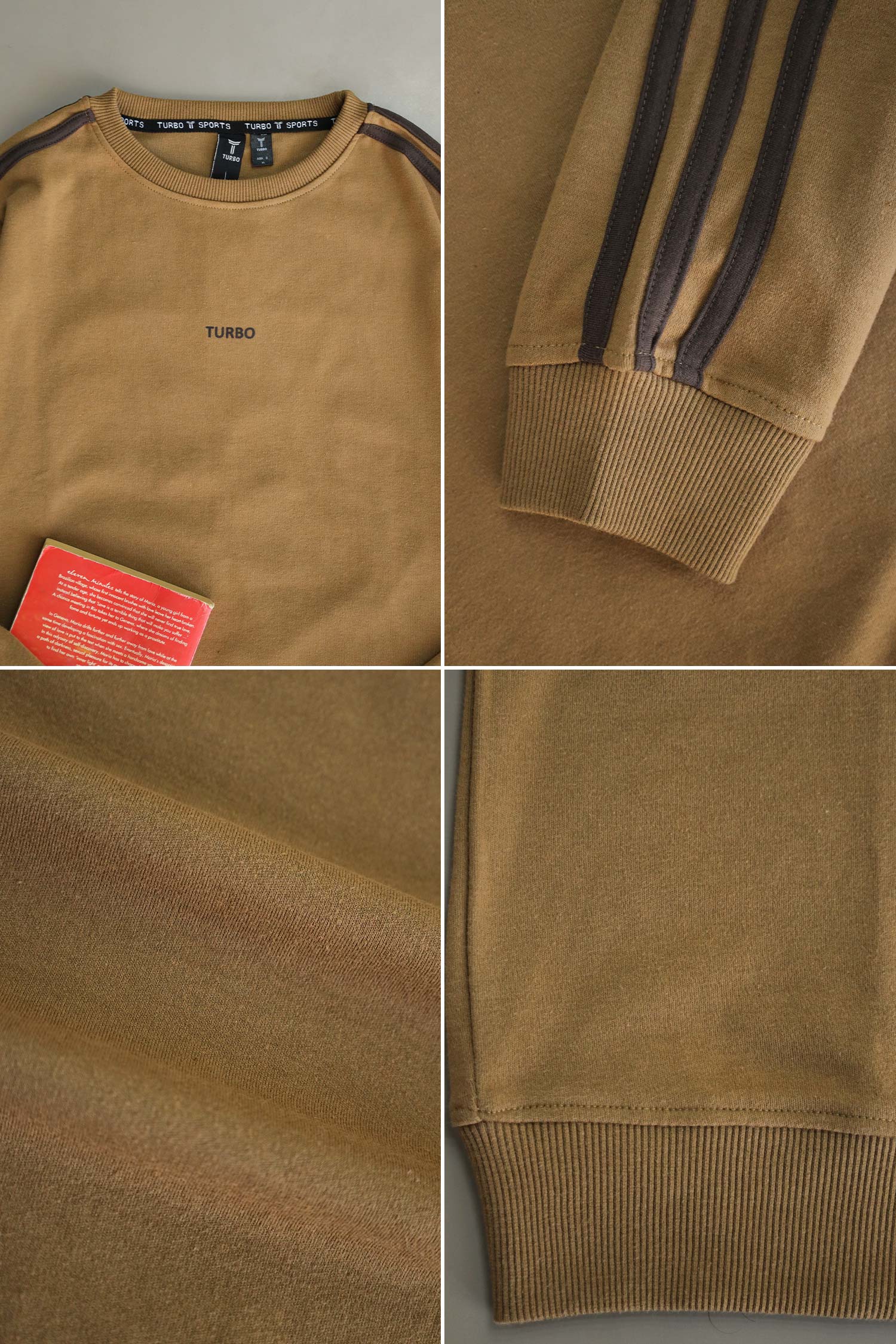 Turbo 3 Stripes Round Neck Men's Sweatshirt In Khaki - Image 4