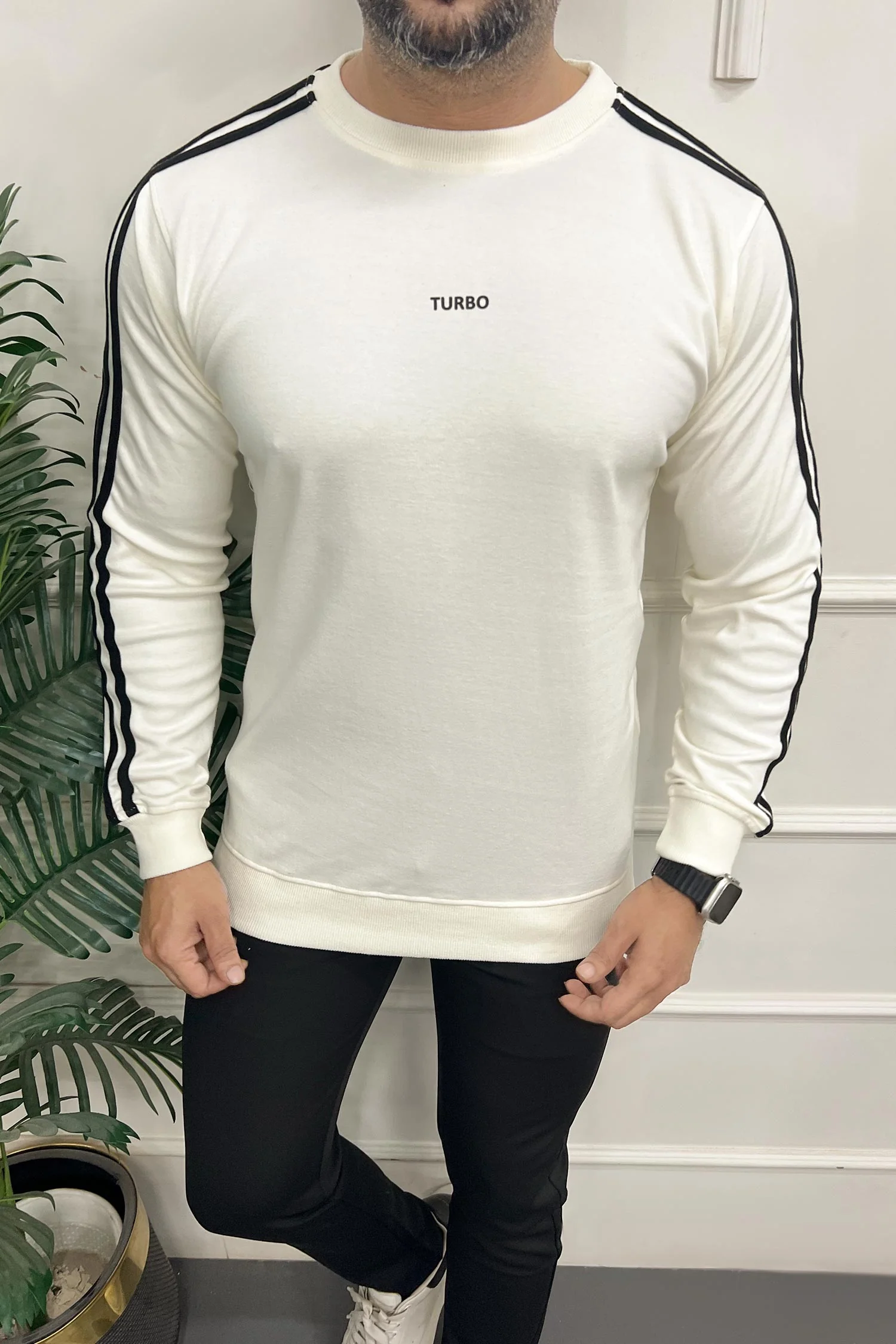 Turbo 3 Stripes Round Neck Men's Sweatshirt In White - Image 4