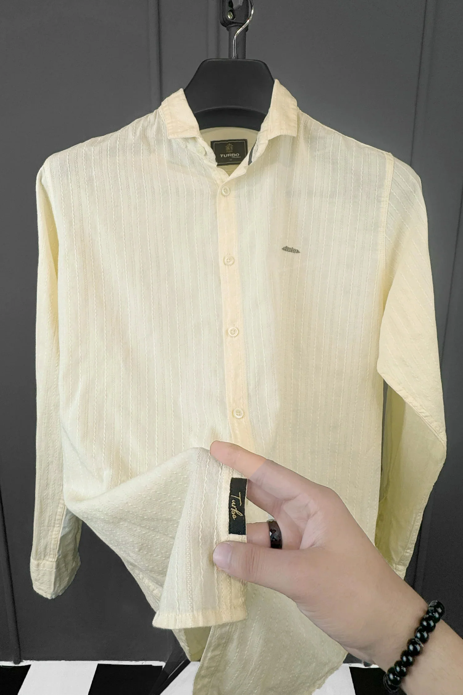 Turbo Billy Textured Knit Long Sleeve Cotton Casual Shirt In Creem - Image 3