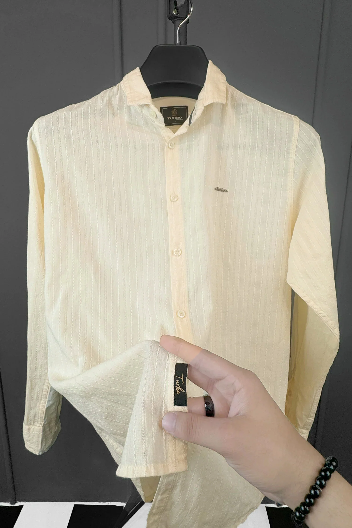 Turbo Billy Textured Knit Long Sleeve Cotton Casual Shirt In Creem - Image 2