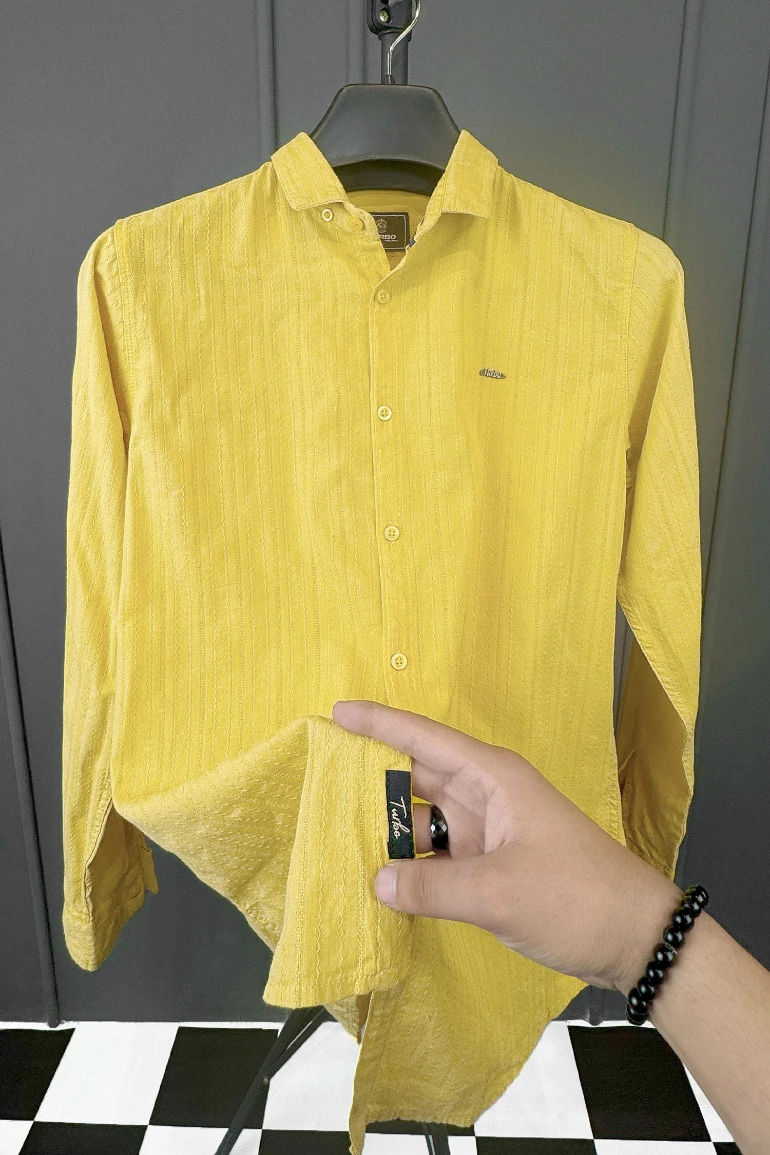 Turbo Billy Textured Knit Long Sleeve Cotton Casual Shirt In Yellow - Image 3