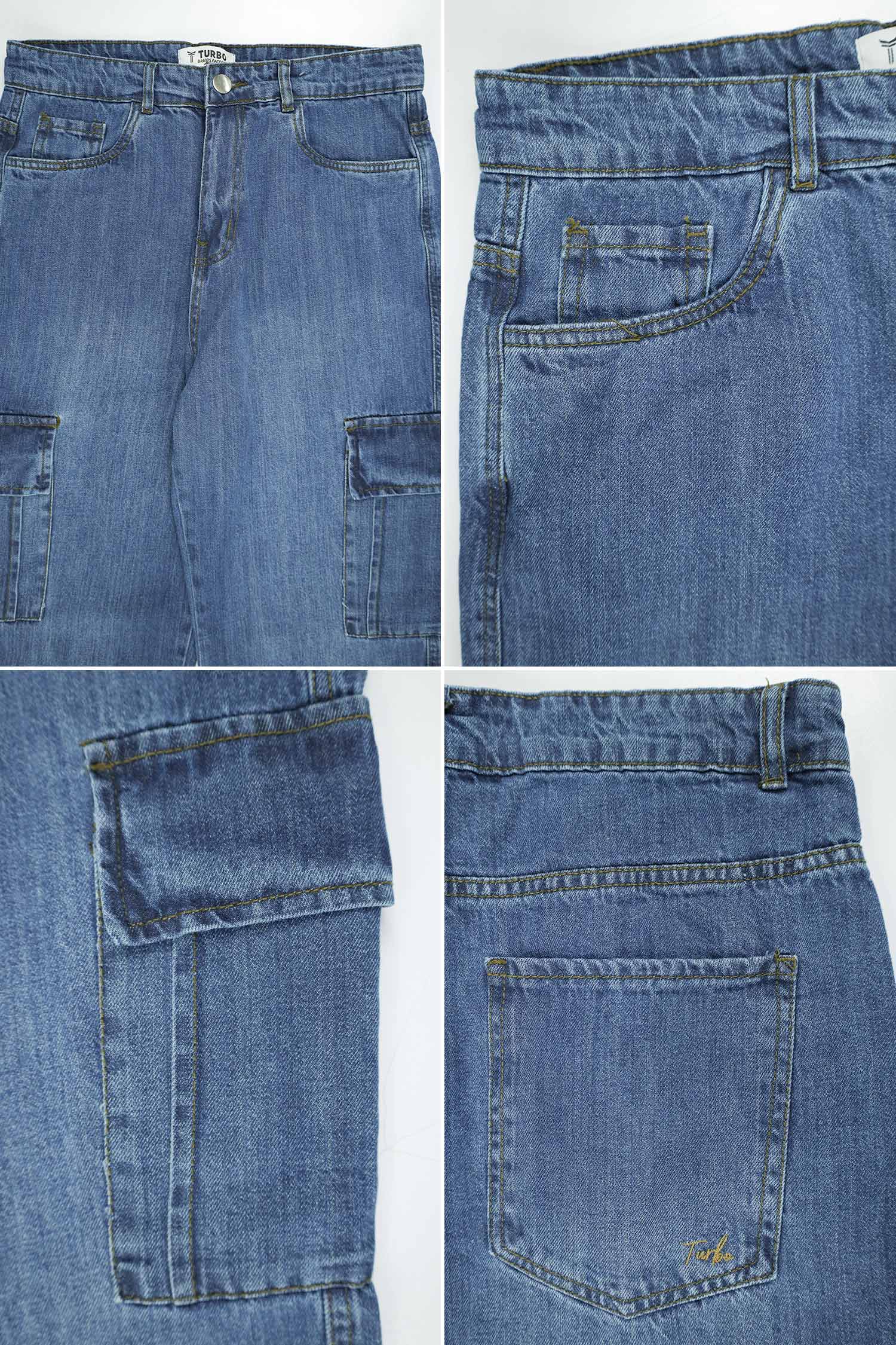 Turbo Casual Flap 6 Pockets Baggy Jeans In Mid Blue - Image 4