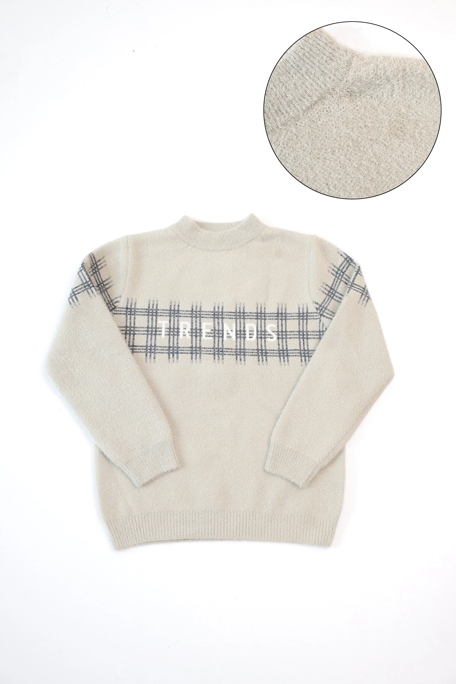 Bold Plaid Pattern Across Chest Minor Fault Imported Sweater In Beige - Image 2