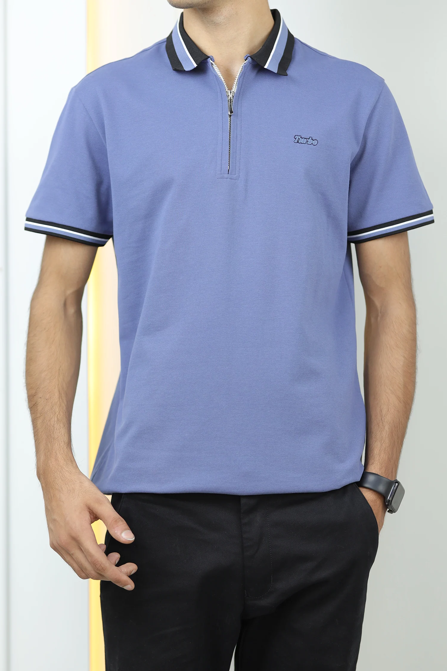 Turbo Contrast Tone Zip Collar Men's Polo Shirt - Image 10