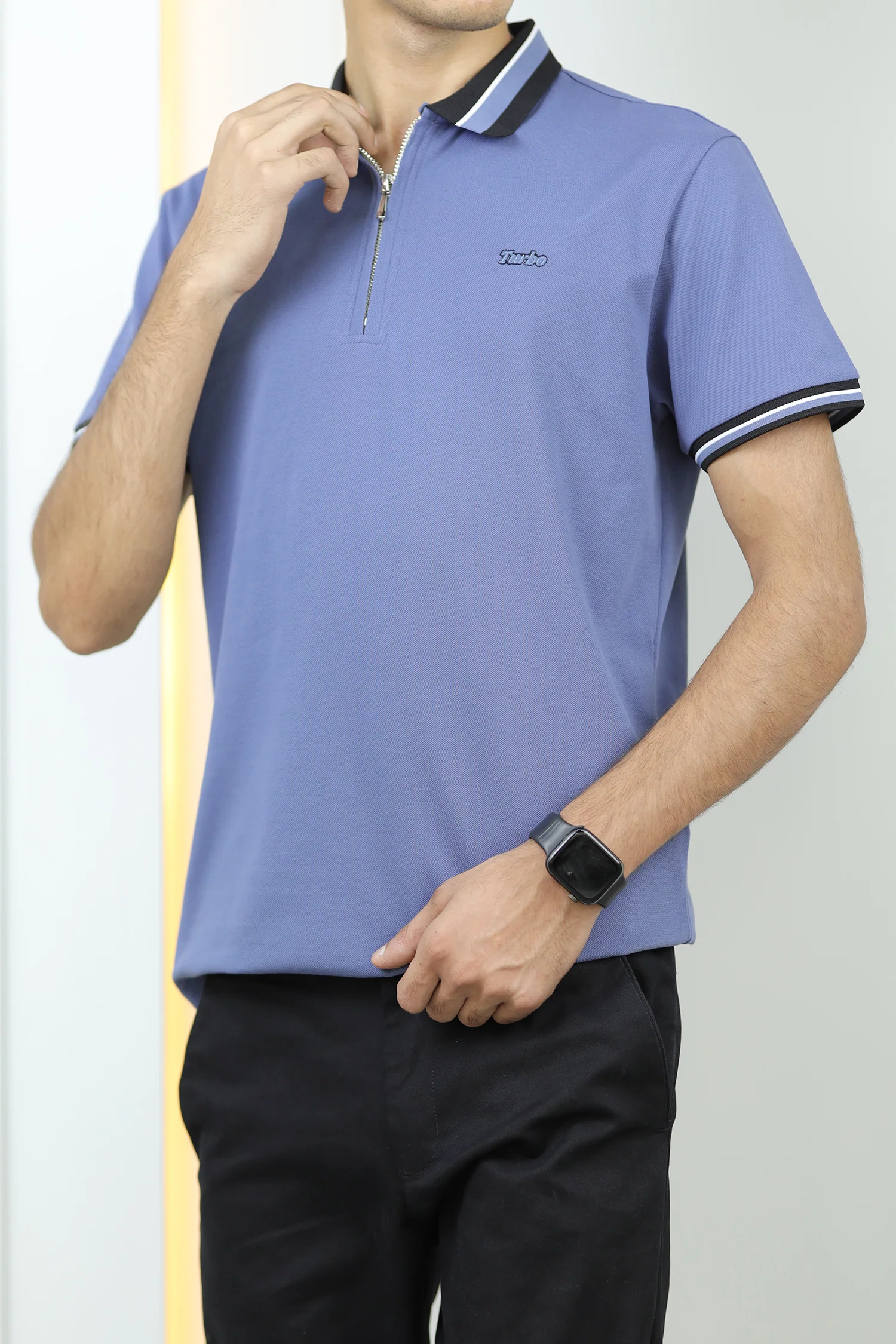Turbo Contrast Tone Zip Collar Men's Polo Shirt - Image 11