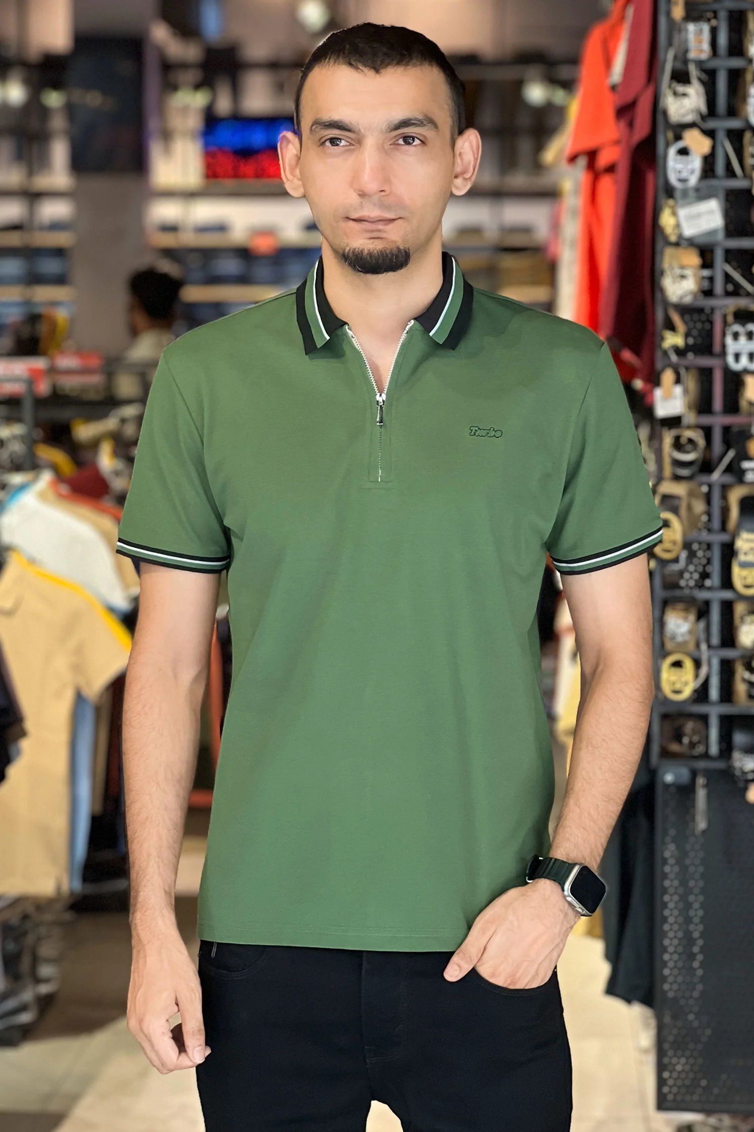 Turbo Contrast Tone Zip Collar Men's Polo Shirt - Image 11