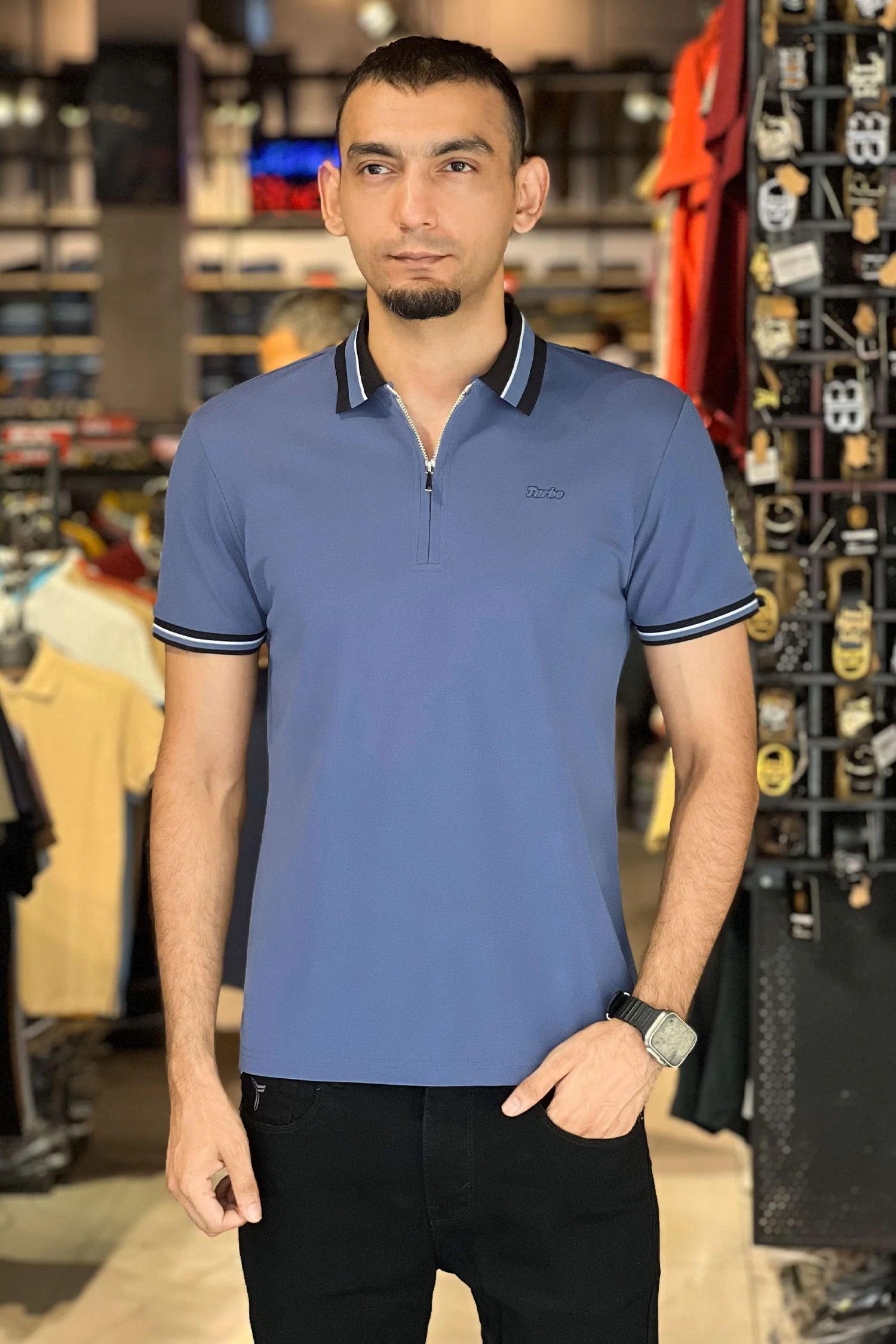 Turbo Contrast Tone Zip Collar Men's Polo Shirt - Image 16