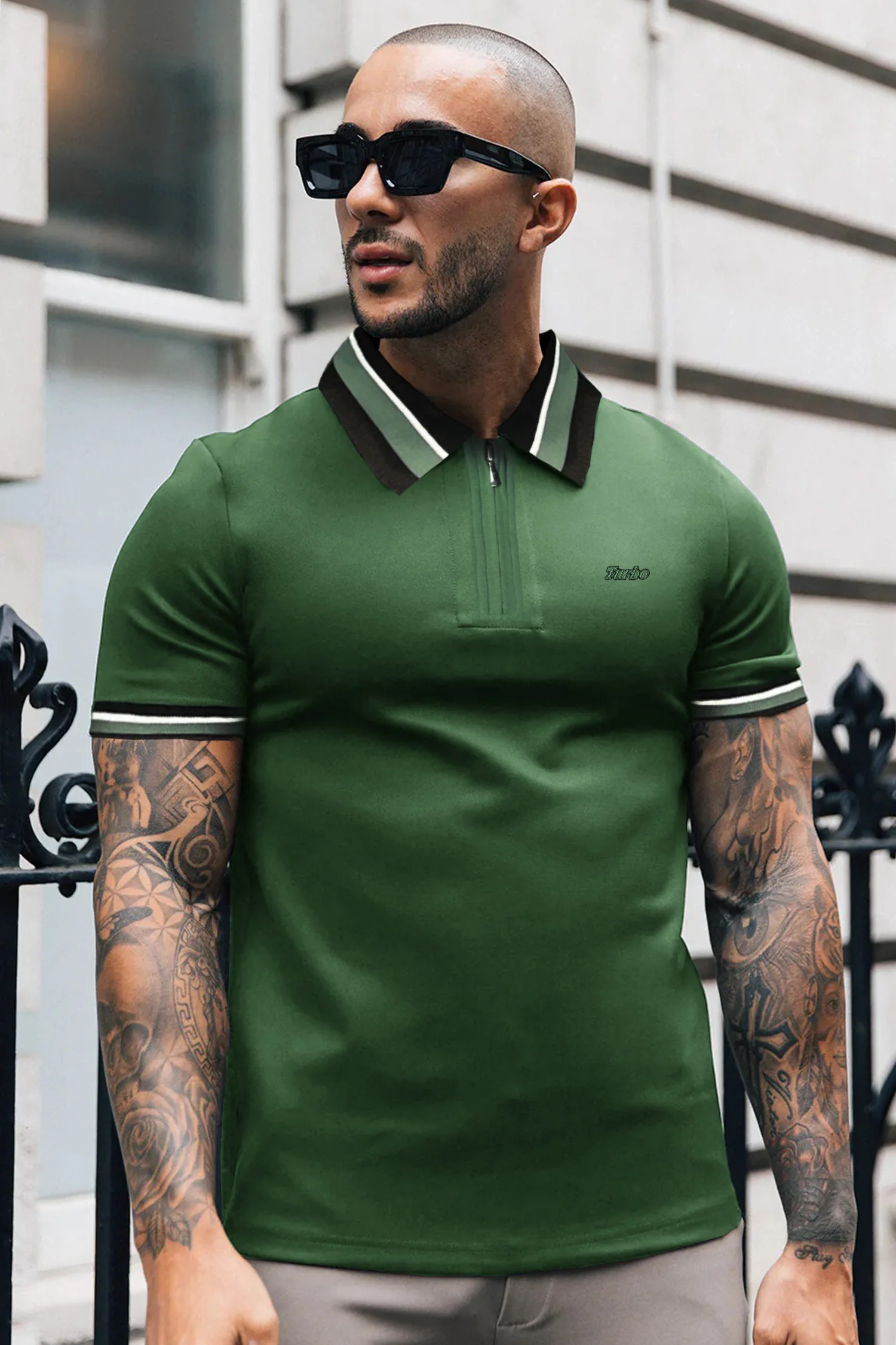 Turbo Contrast Tone Zip Collar Men's Polo Shirt - Image 9