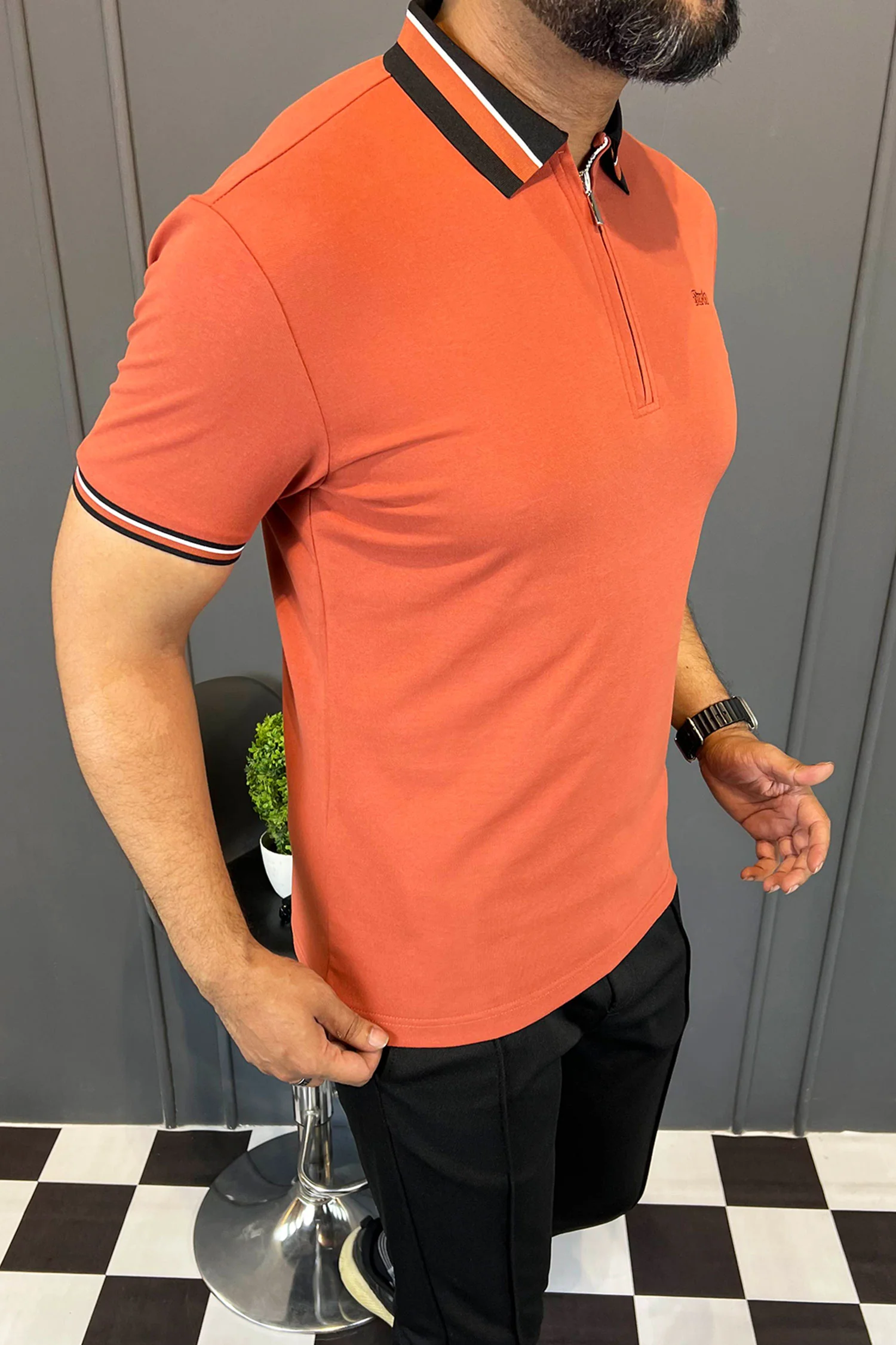 Turbo Contrast Tone Zip Collar Men's Polo Shirt In Red Brick - Image 3