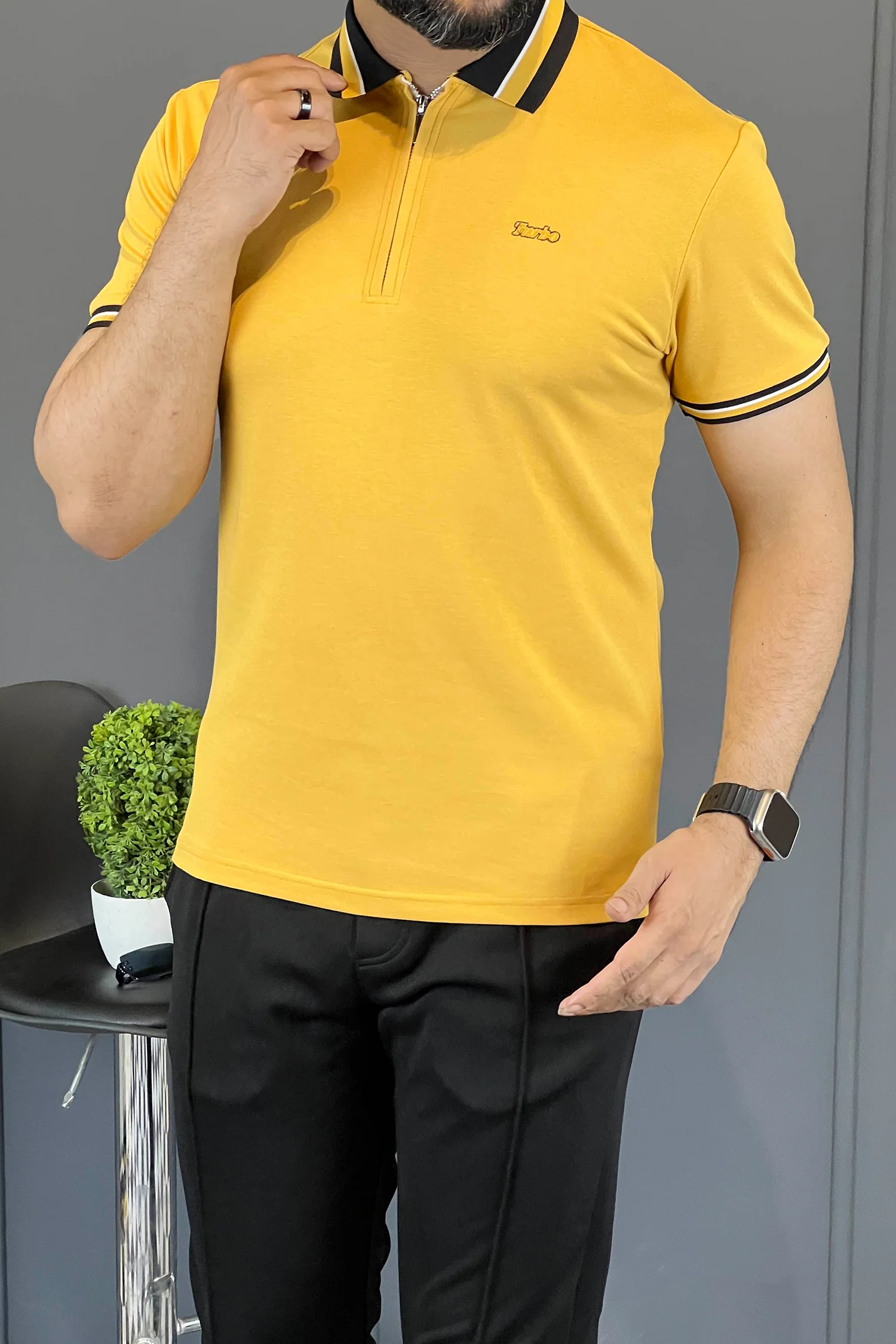 Turbo Contrast Tone Zip Collar Men's Polo Shirt In Yellow - Image 2