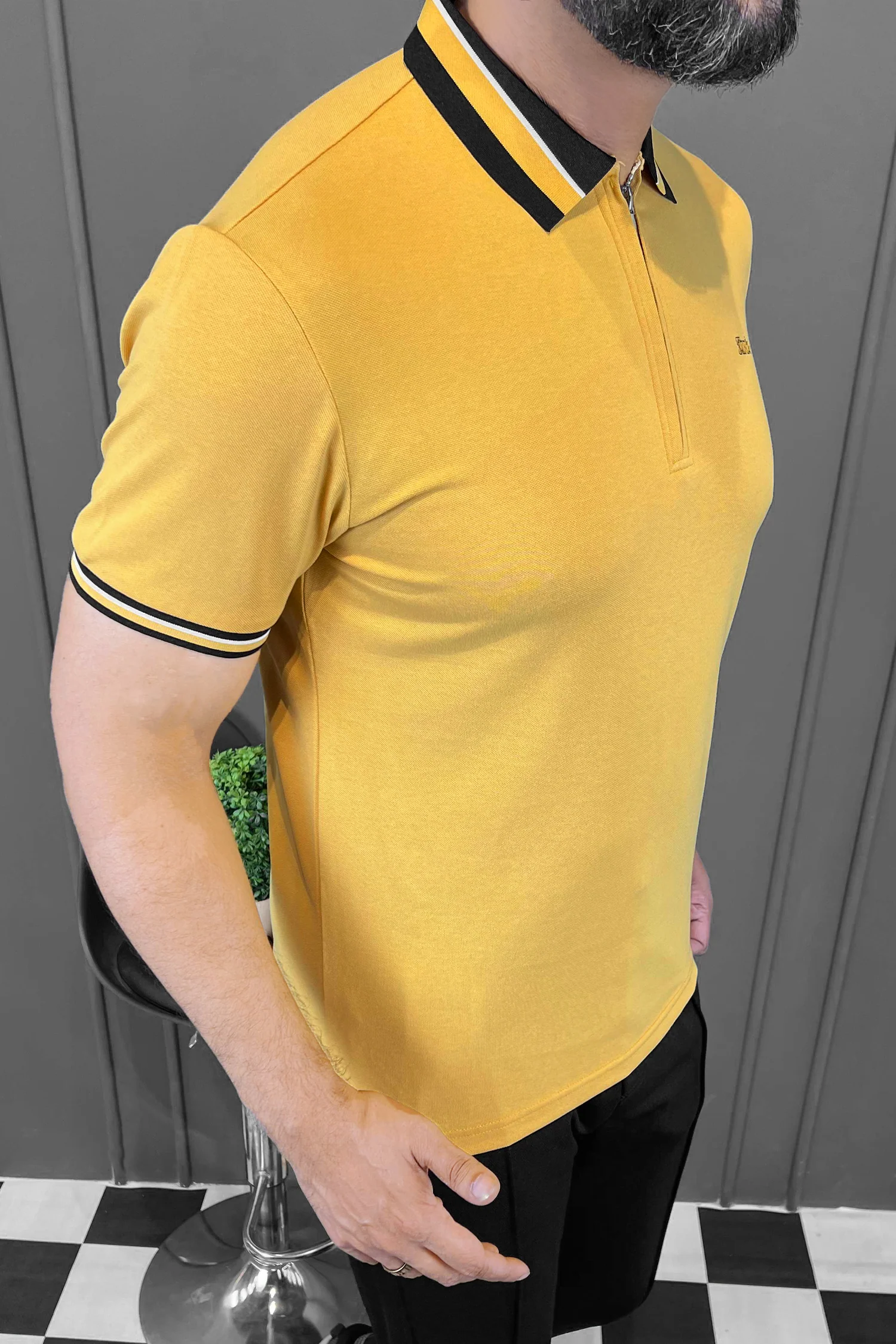 Turbo Contrast Tone Zip Collar Men's Polo Shirt In Yellow - Image 3