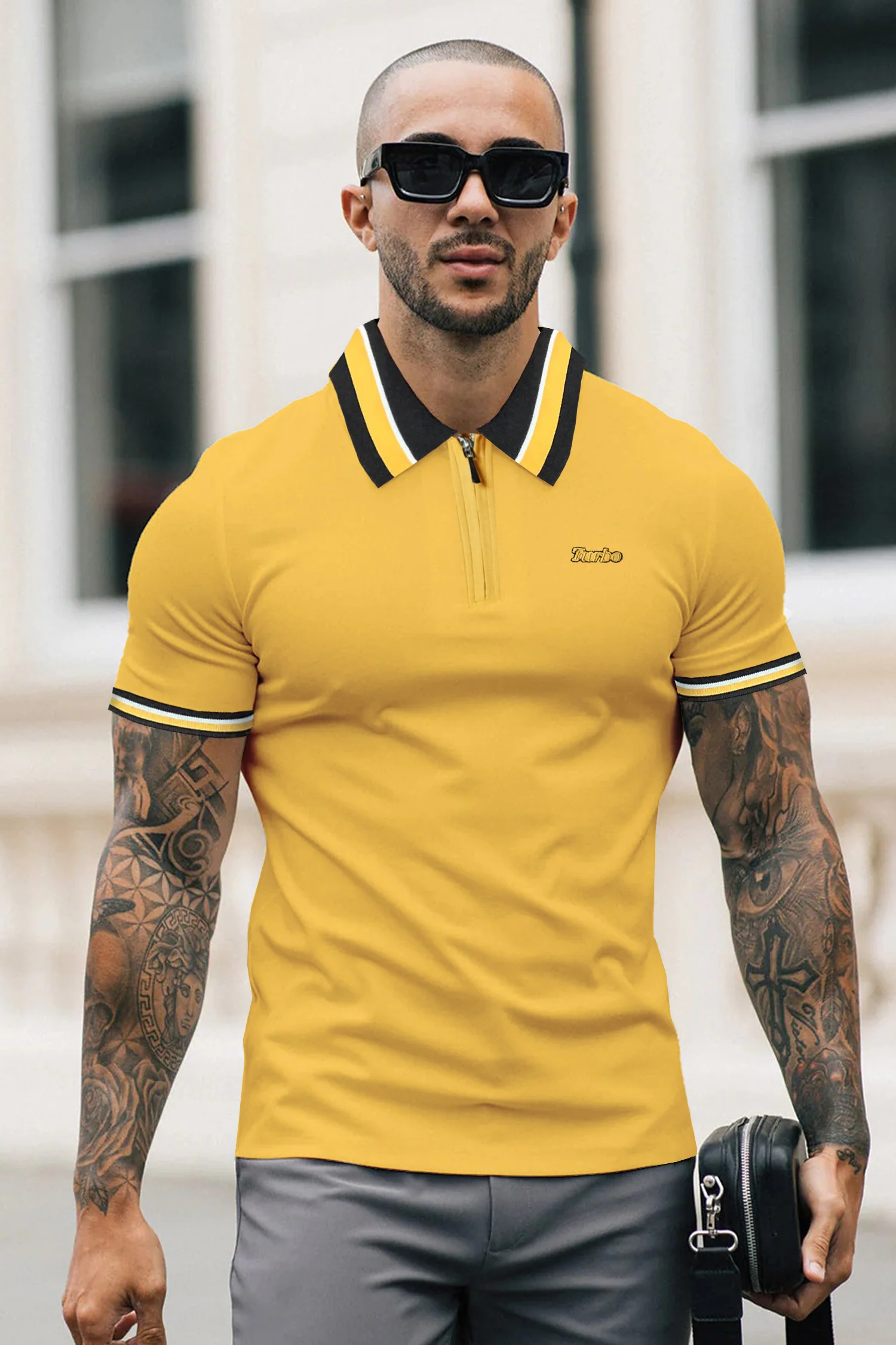Turbo Contrast Tone Zip Collar Men's Polo Shirt - Image 5