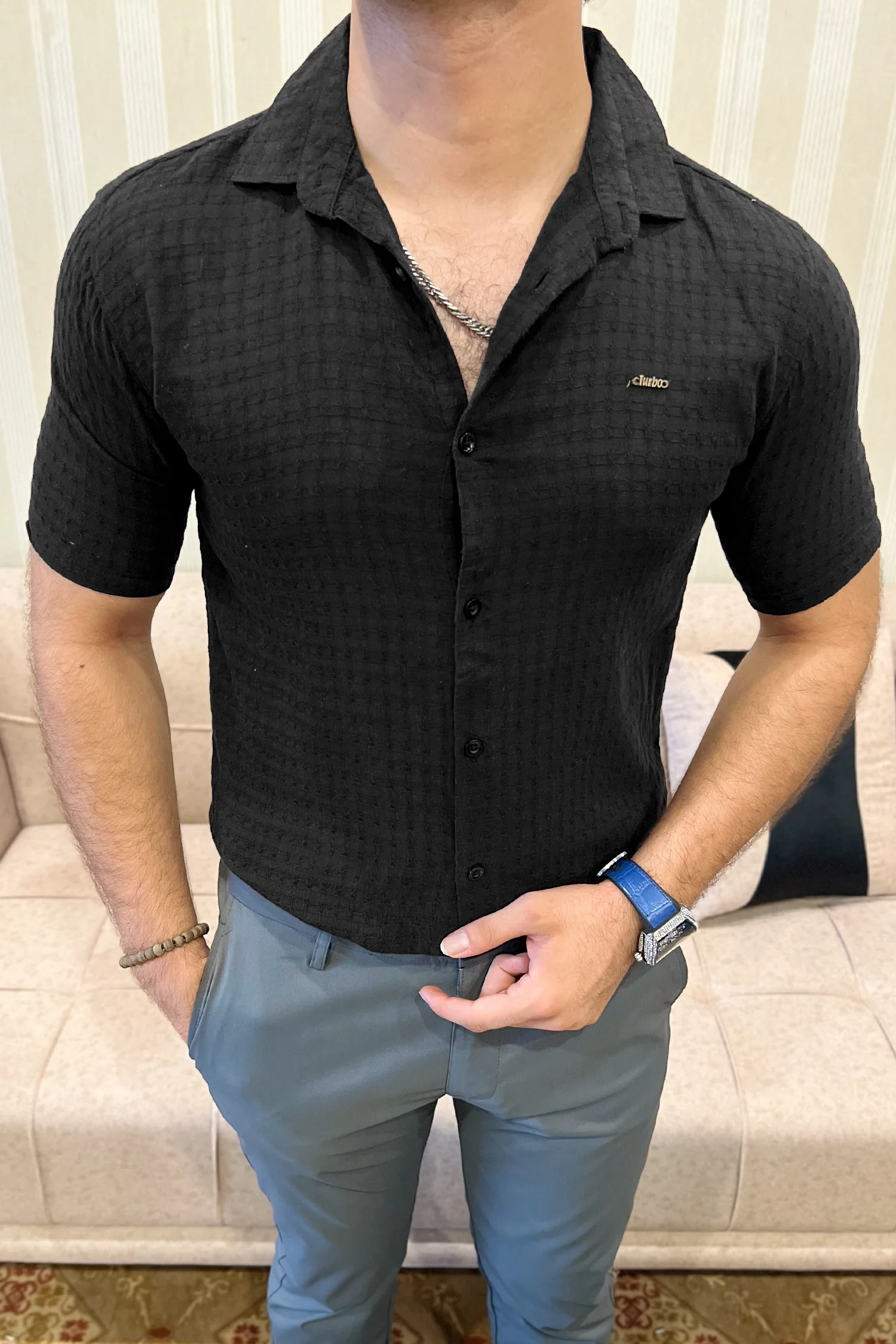 Turbo Designer Motif Embossed Casual Shirt In Black - Image 2