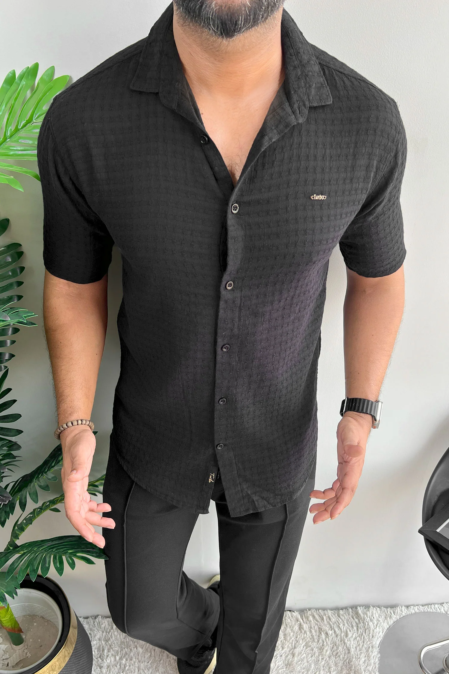 Turbo Designer Motif Embossed Casual Shirt In Black
