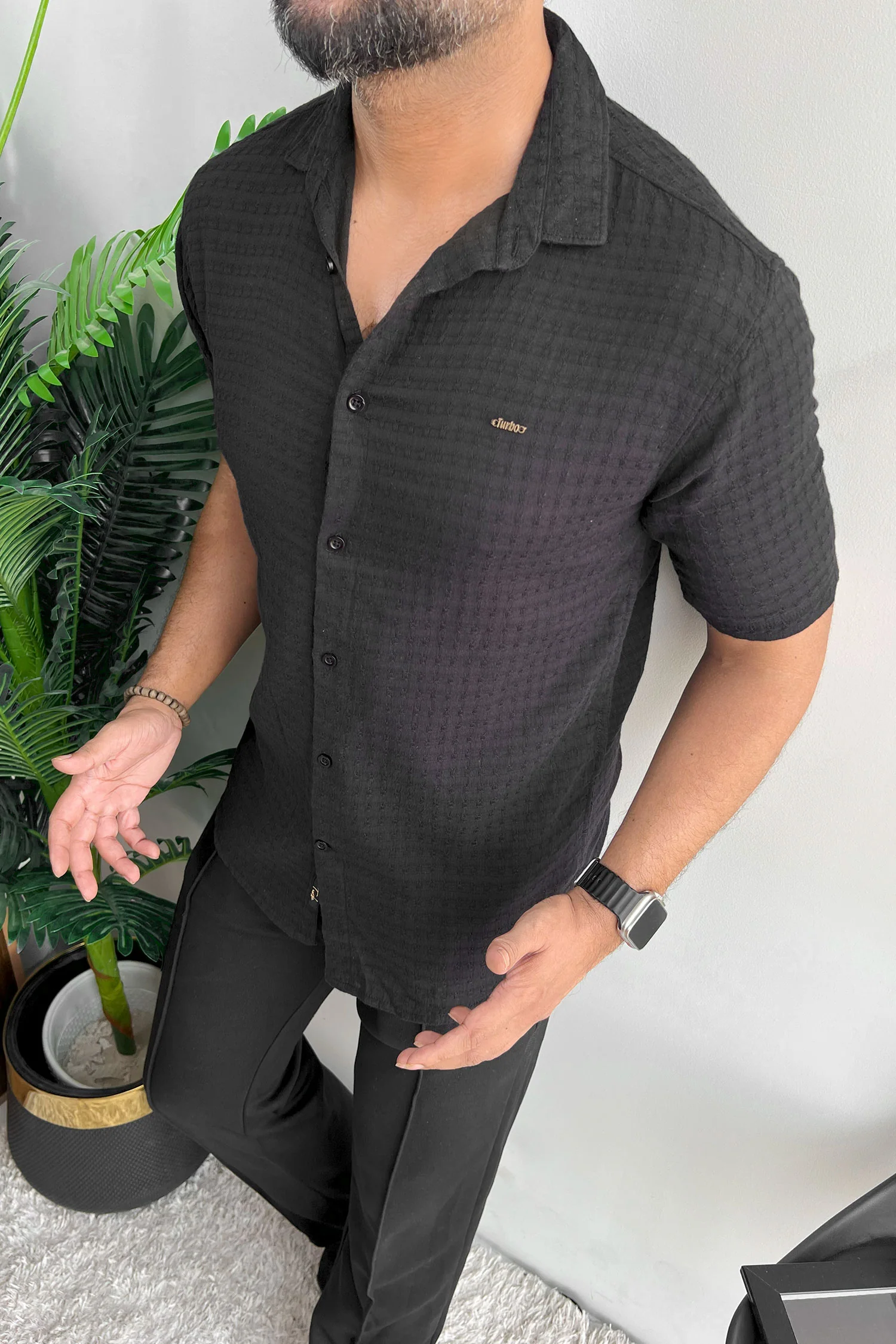 Turbo Designer Motif Embossed Casual Shirt In Black - Image 2