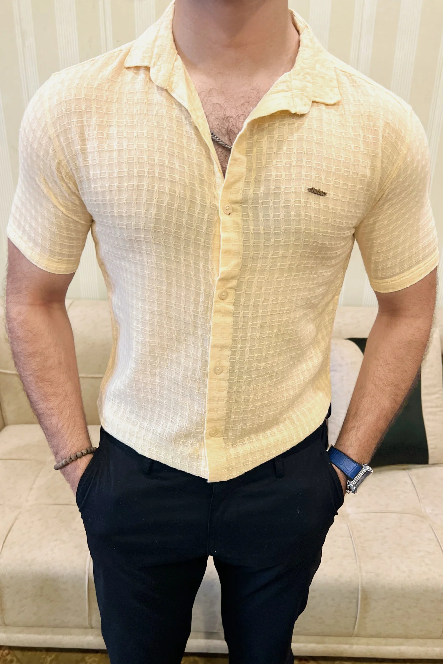 Turbo Designer Motif Embossed Casual Shirt In Light Lemon
