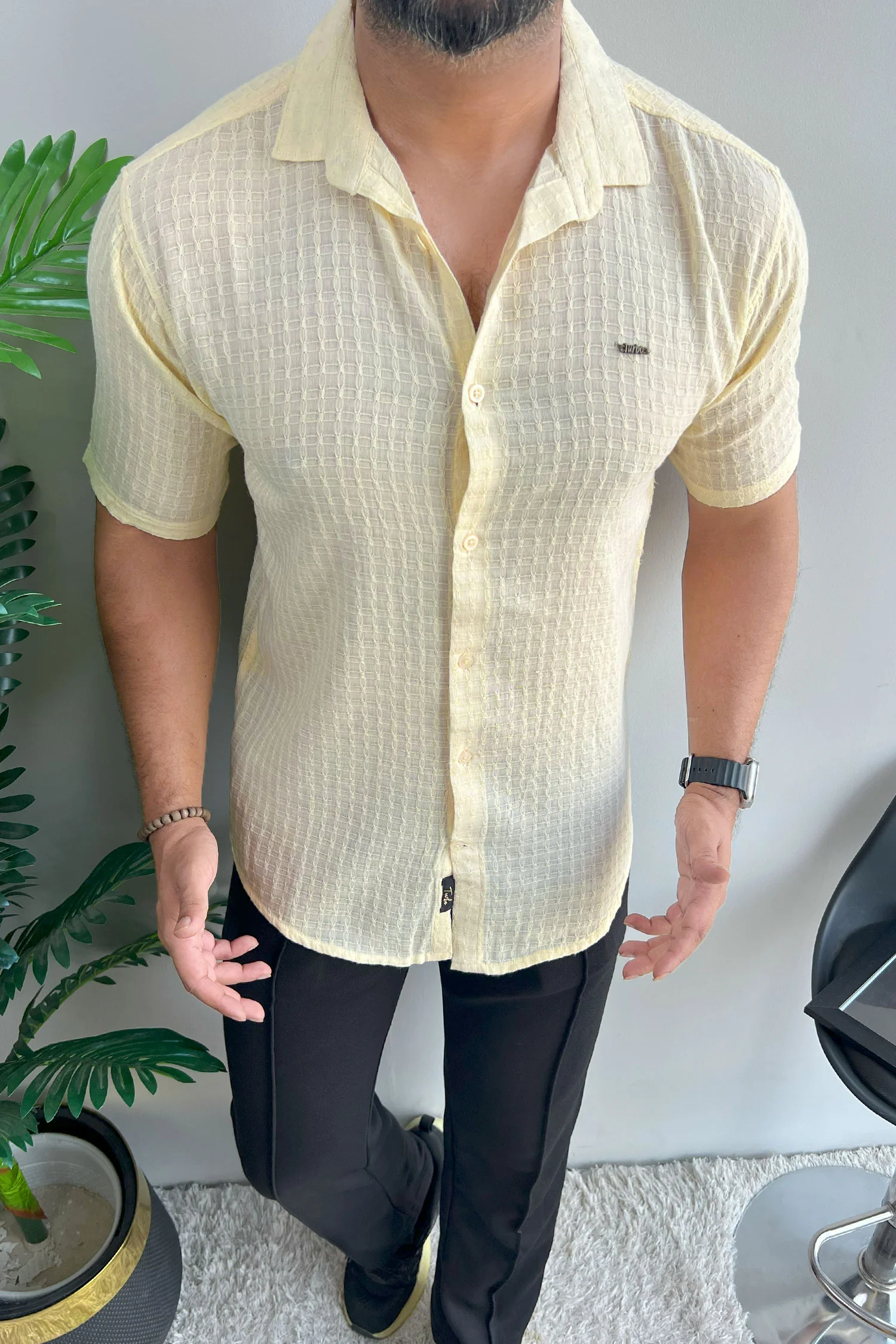 Turbo Designer Motif Embossed Casual Shirt In Light Lemon