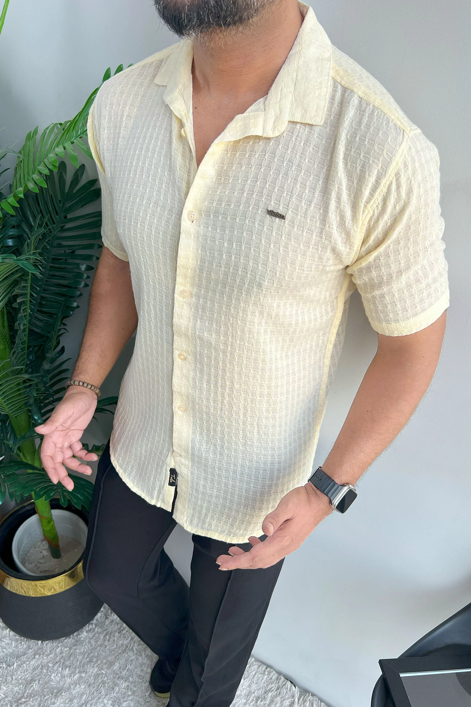 Turbo Designer Motif Embossed Casual Shirt In Light Lemon - Image 2