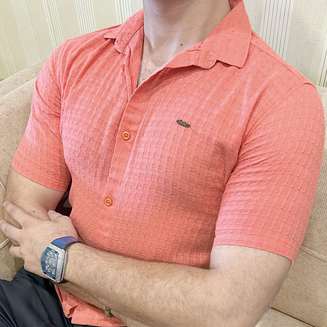 Turbo Designer Motif Embossed Casual Shirt In Pastel Pink