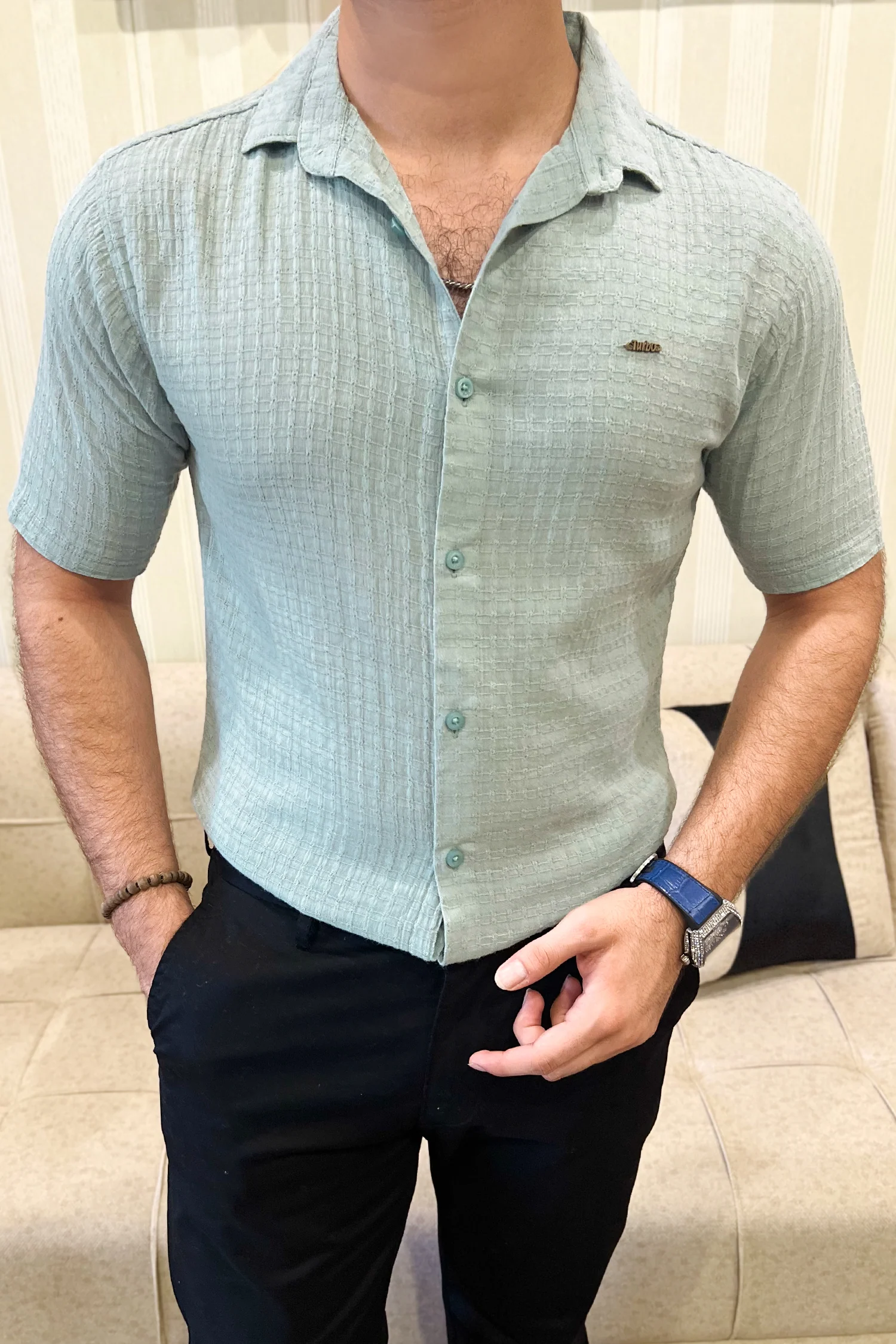 Turbo Designer Motif Embossed Casual Shirt In Sea Foam - Image 2